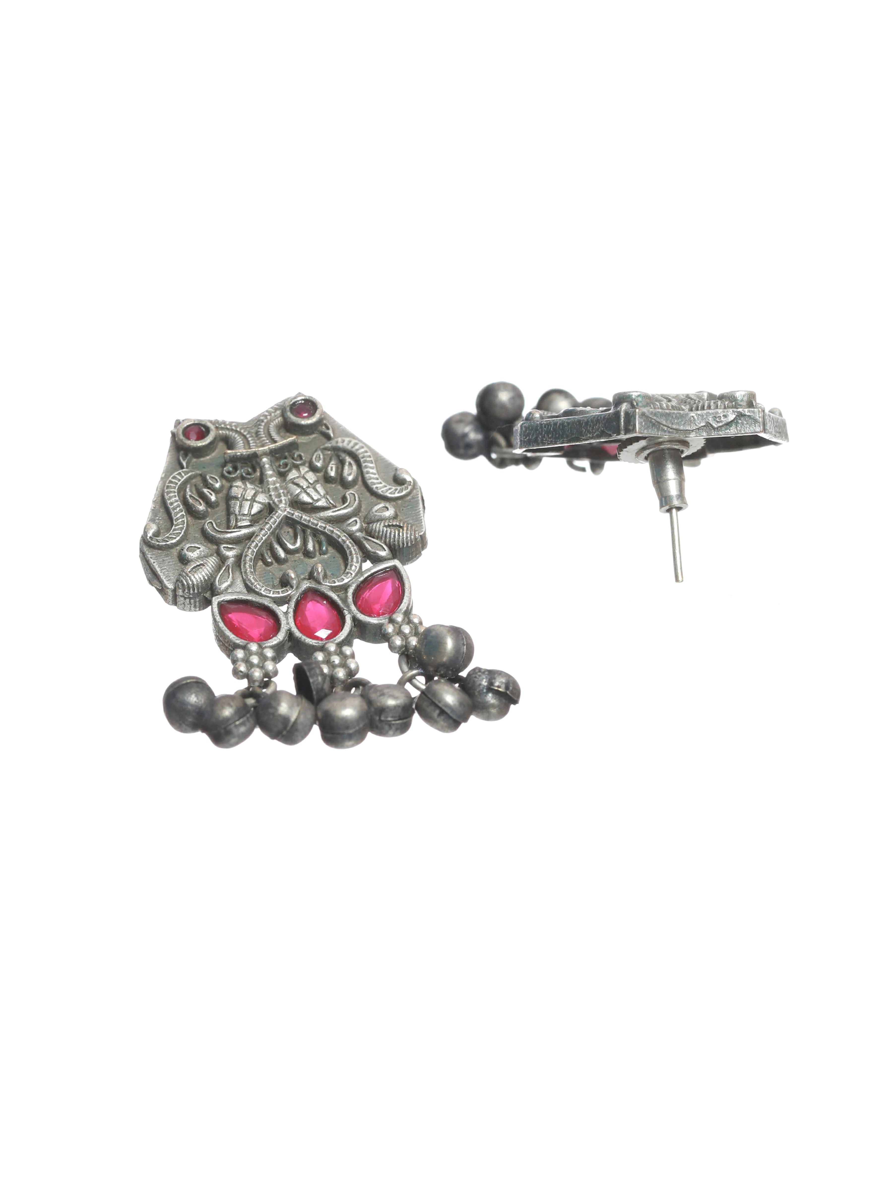 Oxidised Silver Toned ,Red stone studded Contemporary Owl Shaped Drop Earrings - Jazzandsizzle