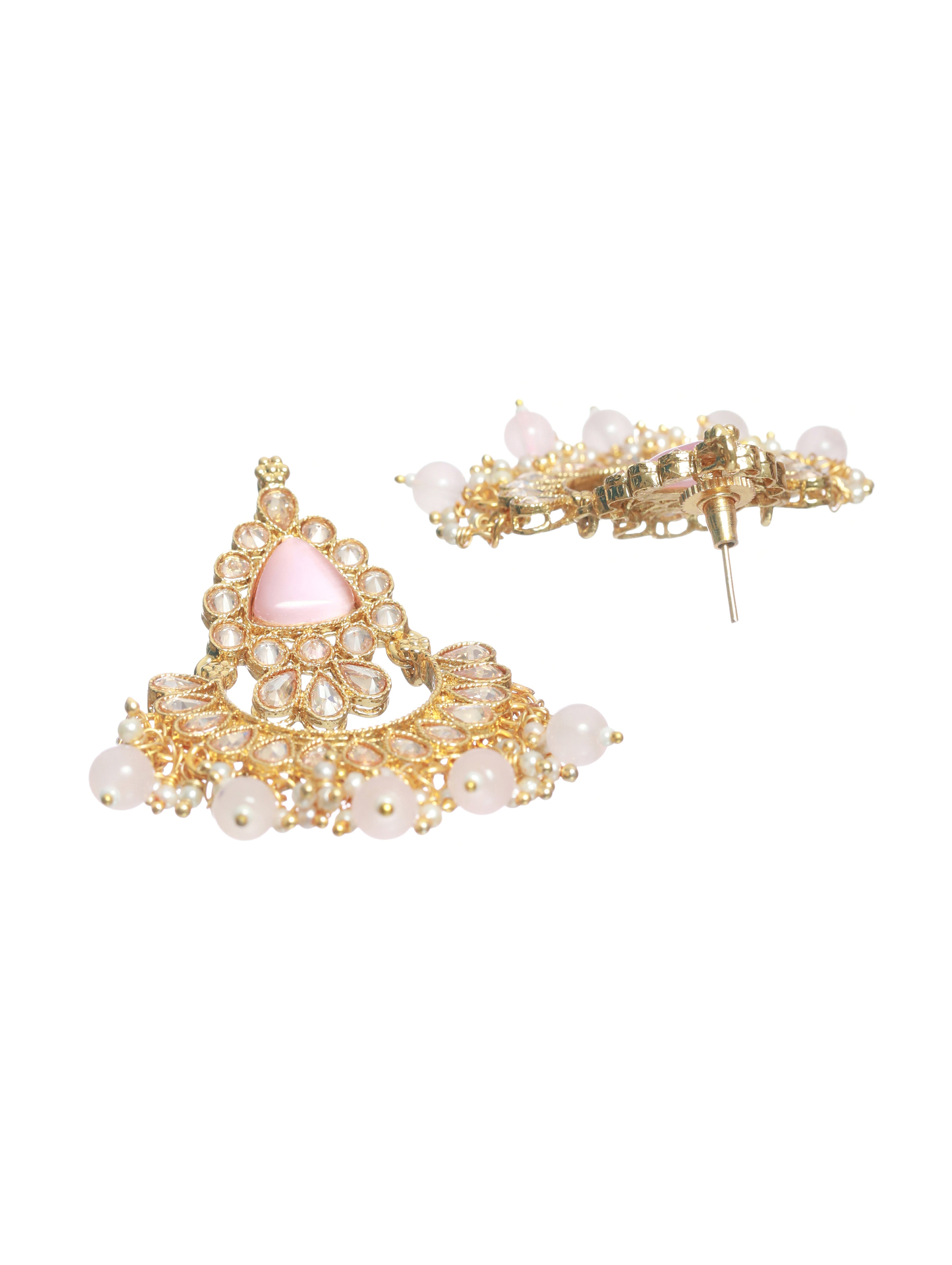 White Kundan Studed & Pink Stone,Gold Plated Chandbali Earrings - Jazzandsizzle
