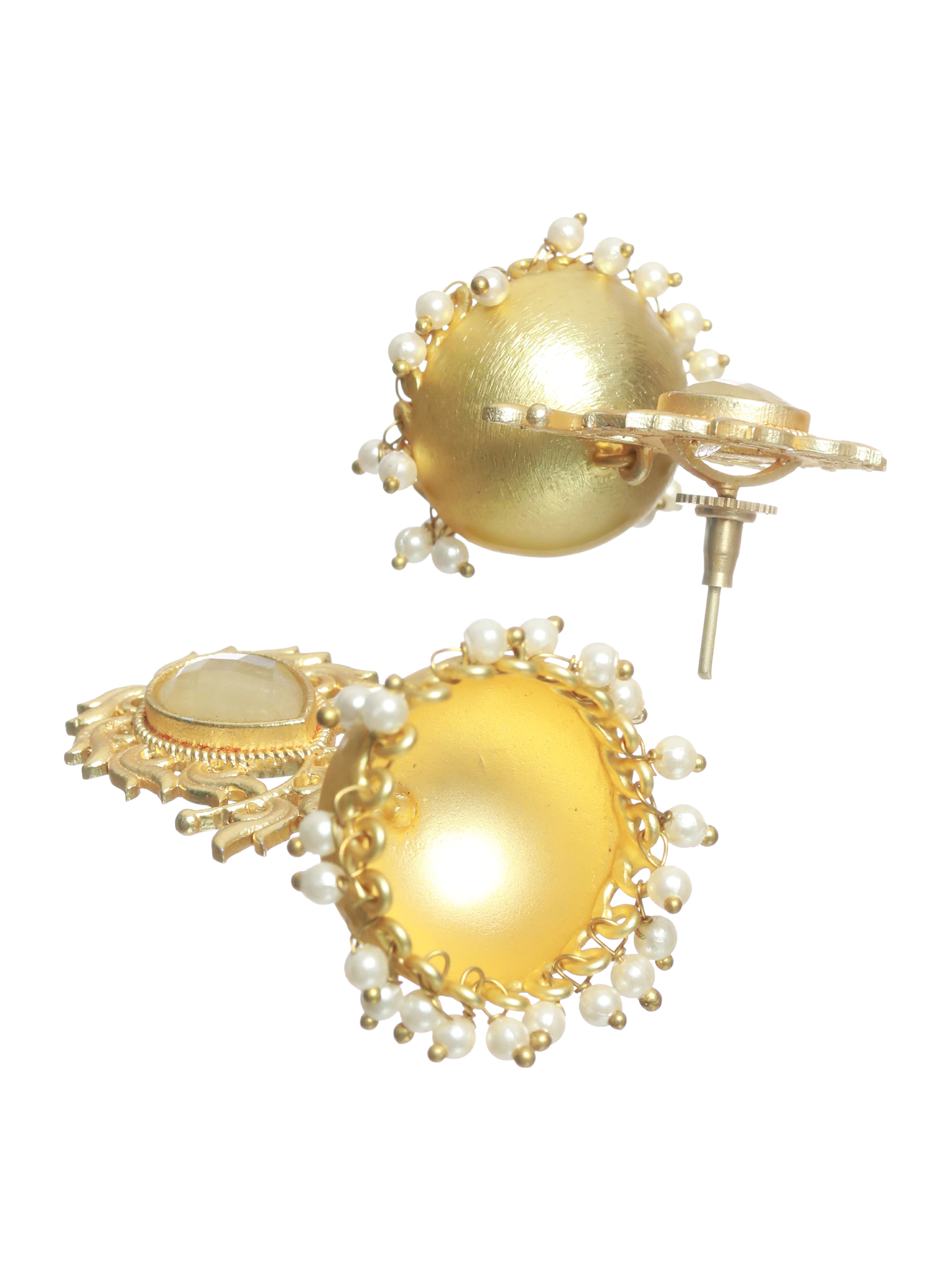 Gold-Plated & Yellow MonaLisa stone studded Dome-Shaped White Beaded Jhumka - Jazzandsizzle
