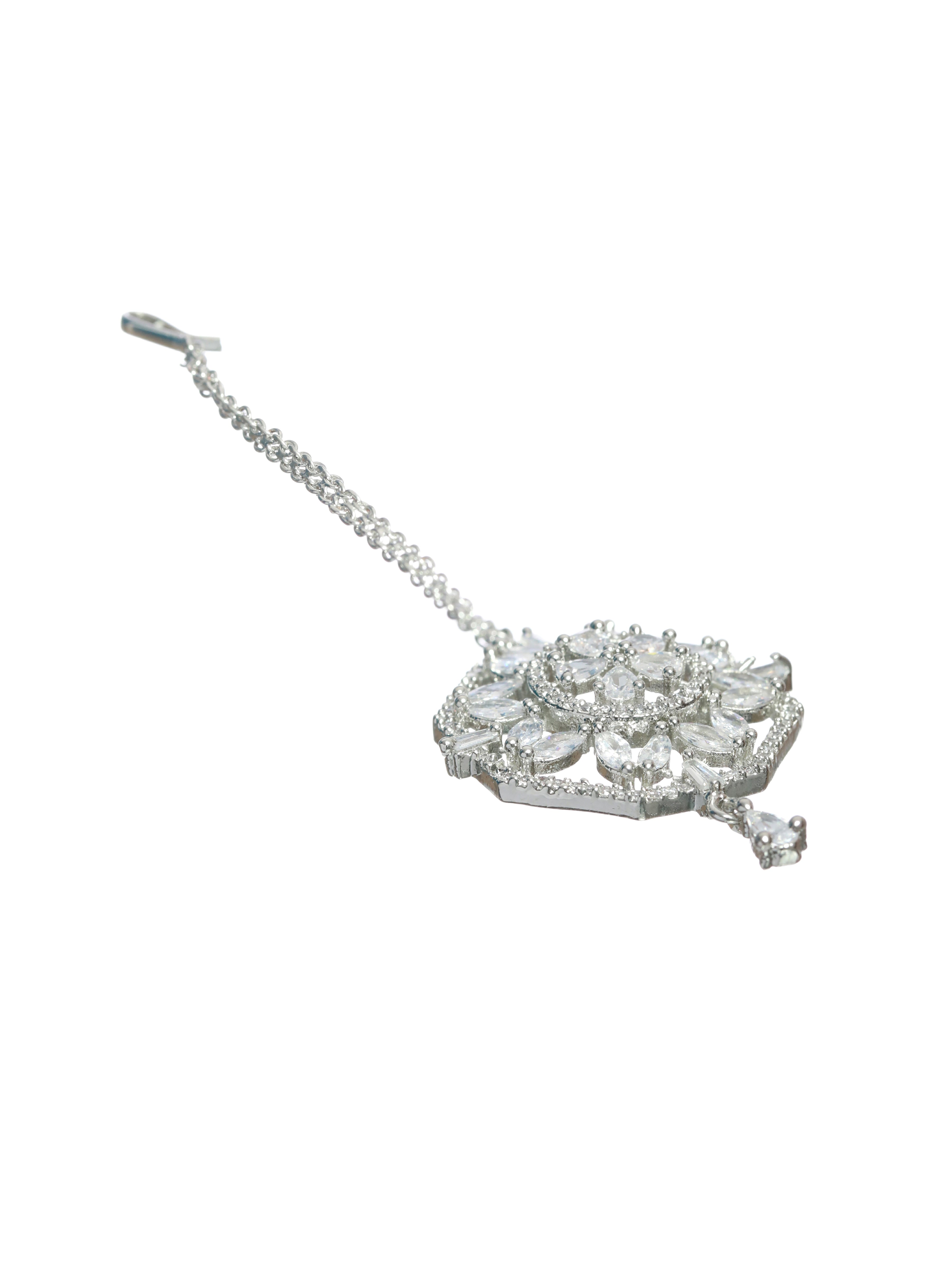 Silver-Plated White AD & CZ-Studded Handcrafted Jadau Maang Tikka - Jazzandsizzle