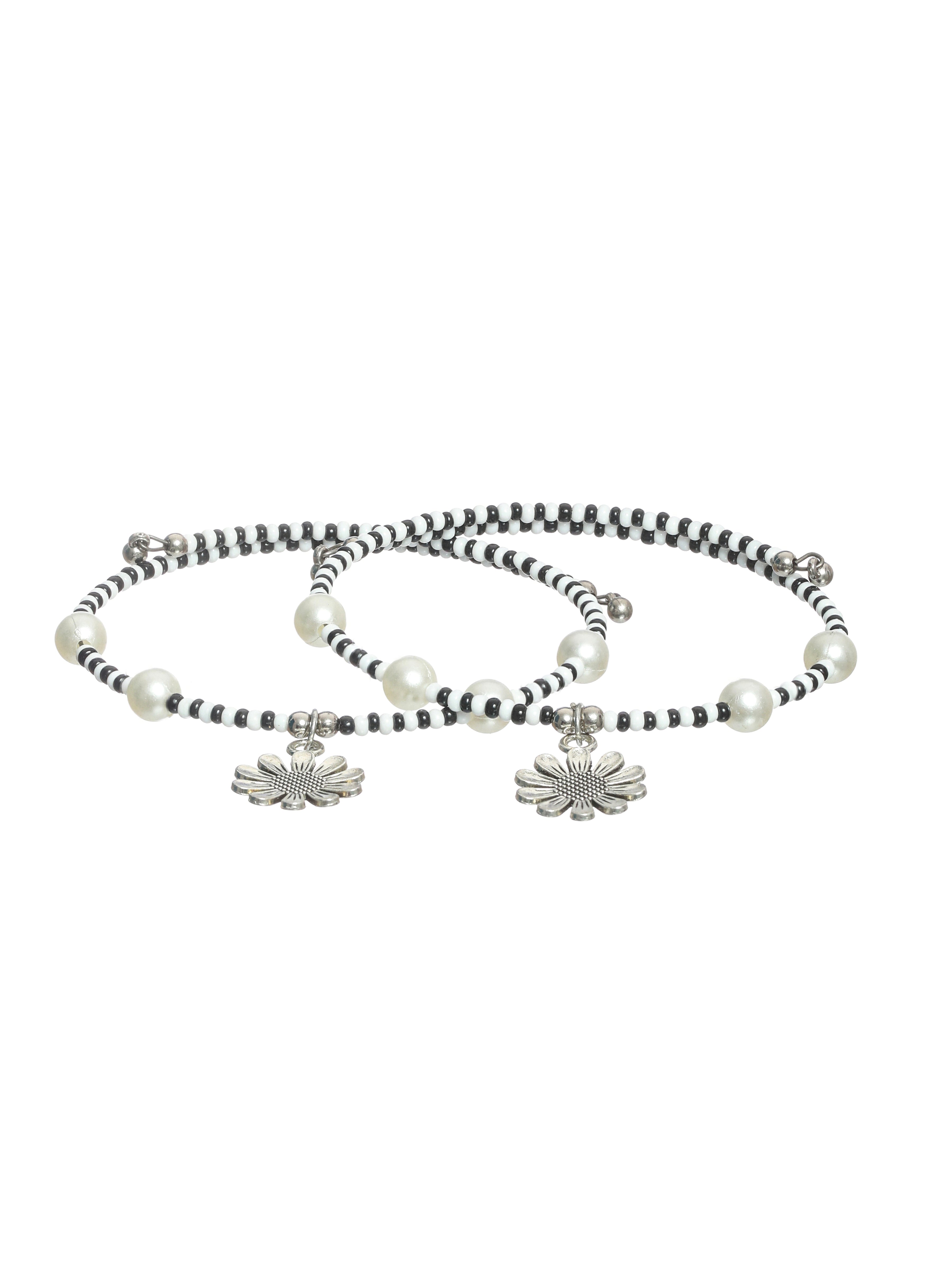 Set of 2 Silver-Toned & Black & White Beaded Handcrafted Anklets - Jazzandsizzle
