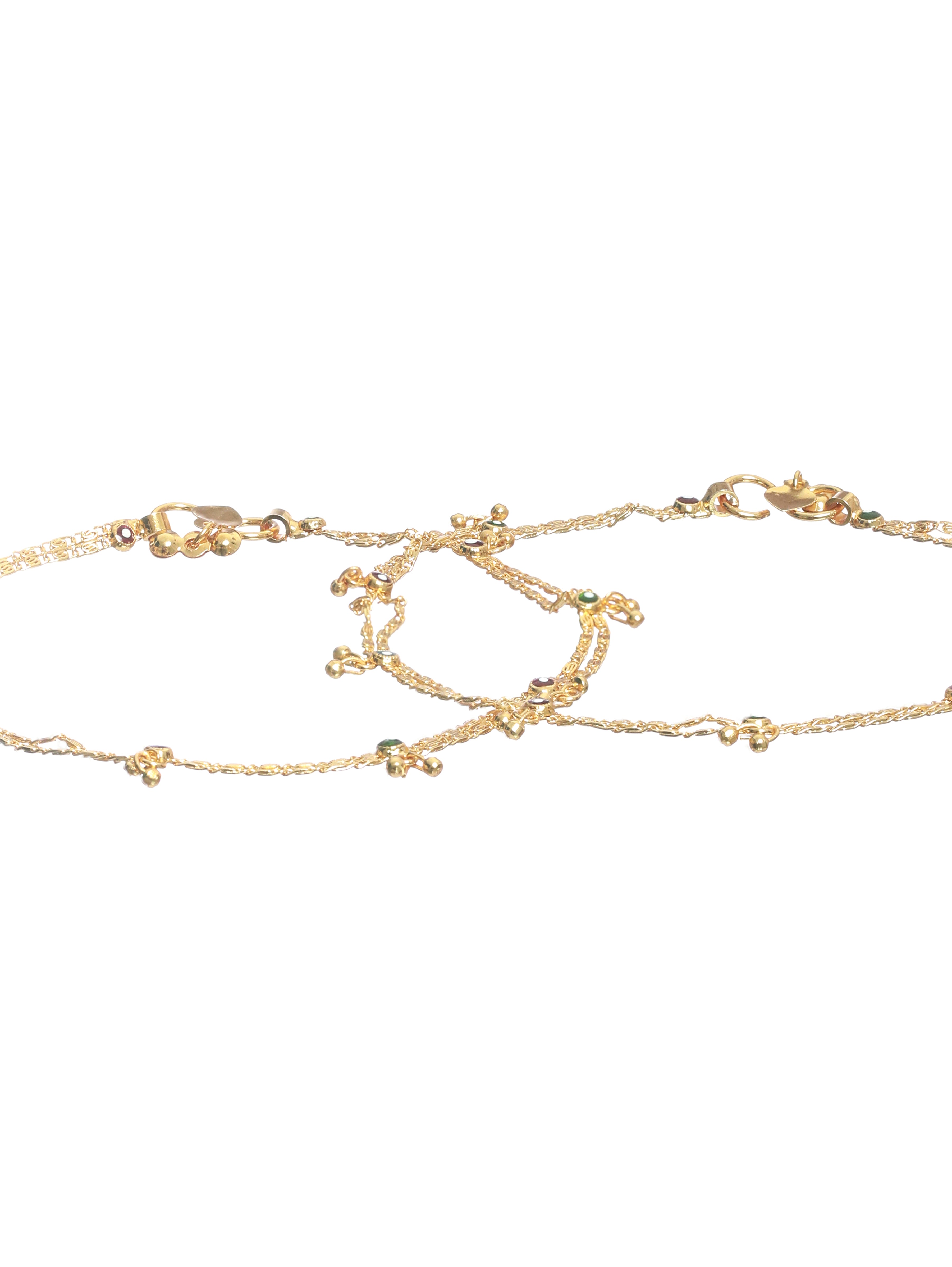 Set of 2 Gold-Plated Green & Marron Stone Studded Handcrafted Anklets - Jazzandsizzle