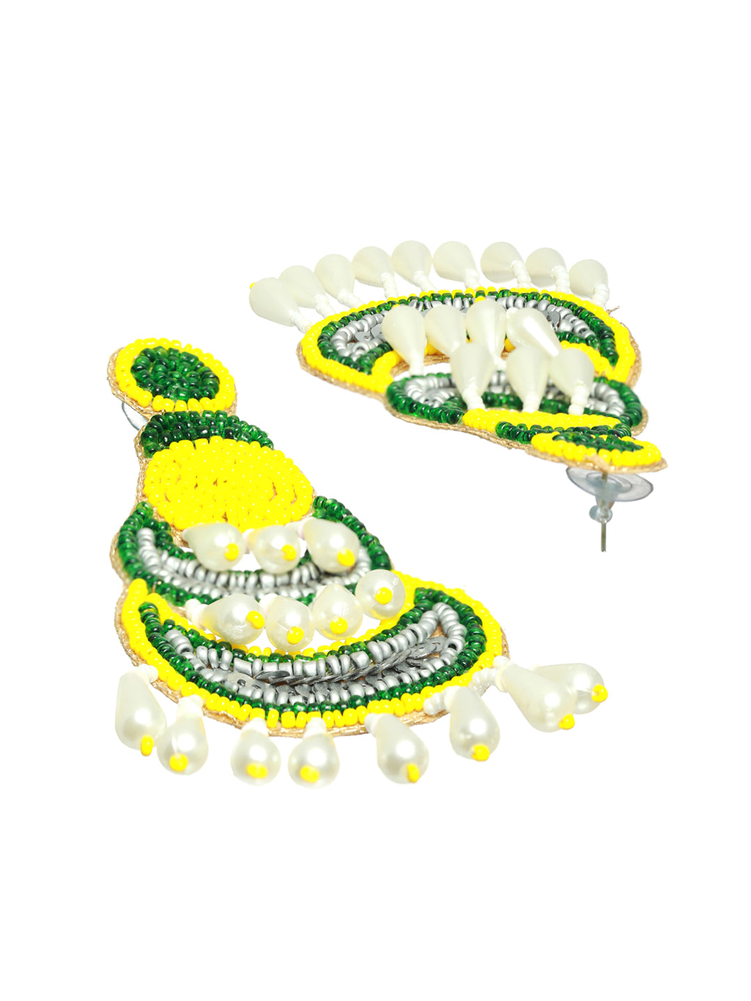 Yellow Green Beads & Pearls Studded Contemporary Handcrafted Chandbali Earrings - Jazzandsizzle