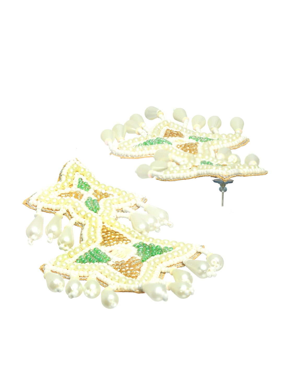 White Handwoven Beads & Green & Gold Studded Handcrafted Contemporary Drop Earrings - Jazzandsizzle