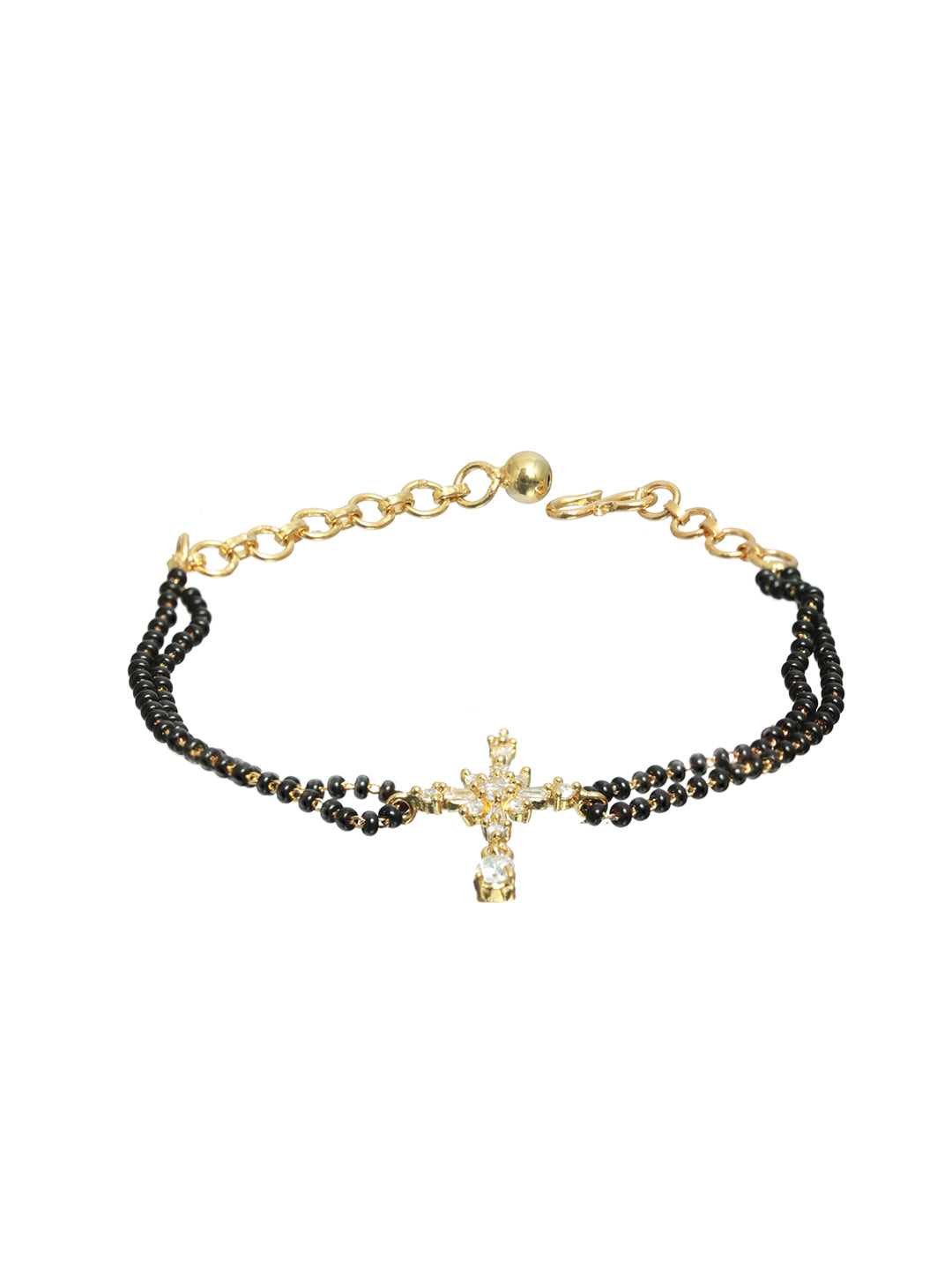 Women Gold-Plated & Black Stone Beaded American Diamond Hand Mangalsutra - Jazzandsizzle