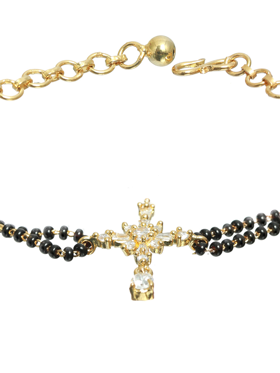Women Gold-Plated & Black Stone Beaded American Diamond Hand Mangalsutra - Jazzandsizzle