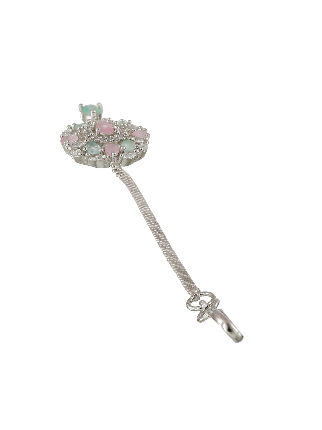 Silver Plated Pink & Mint Green American Diamond Studded Handcrafted Necklace Set With Maangtikka - Jazzandsizzle