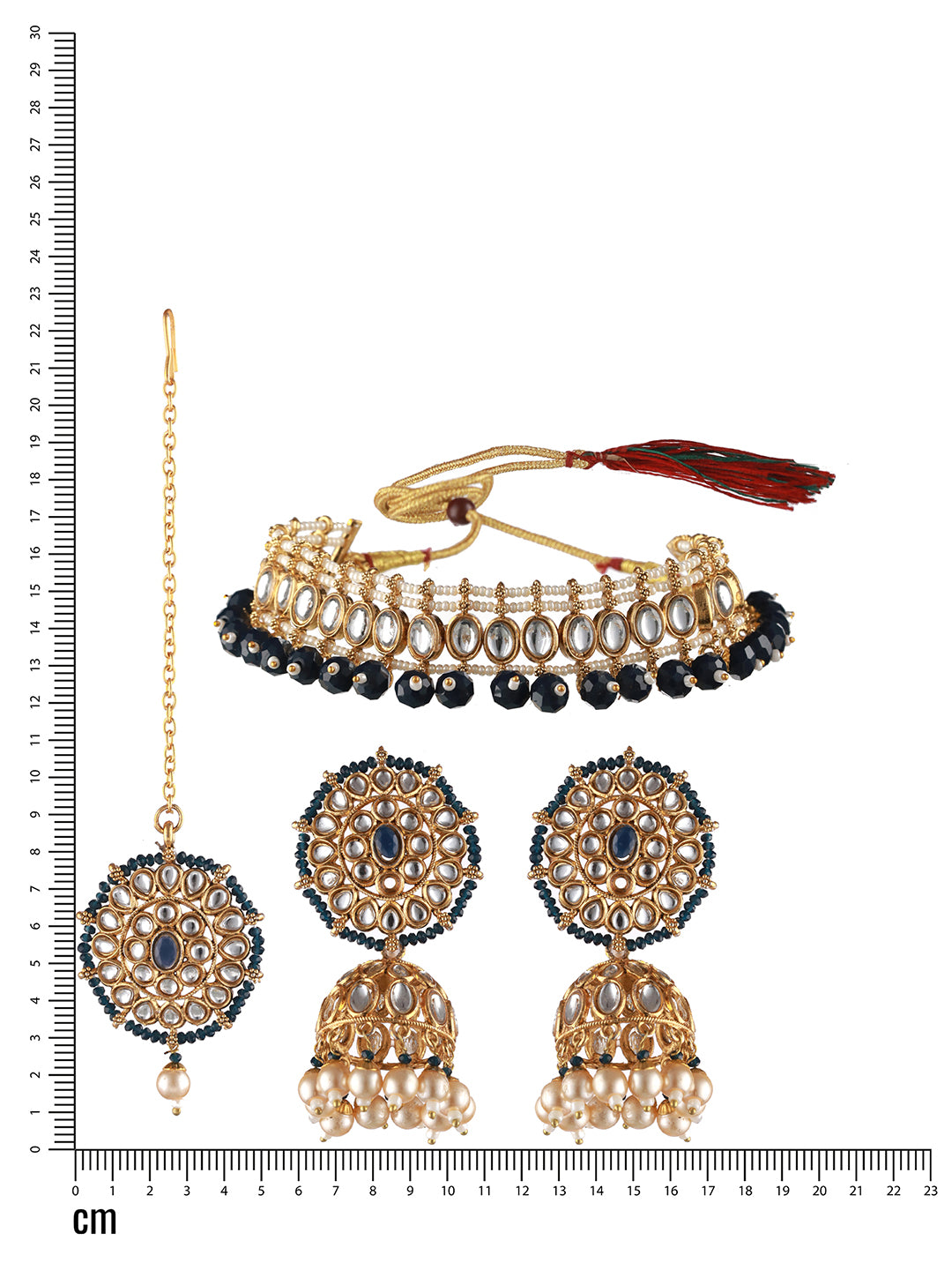 Gold-Plated Blue& White Kundan Studded & Beaded Choker Jewellery Set with Maangtikka - Jazzandsizzle