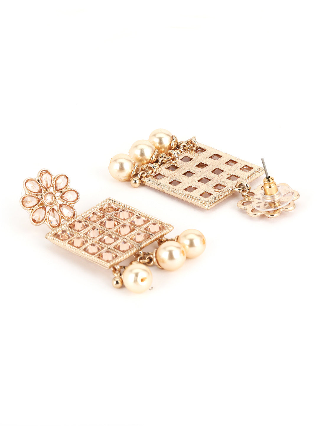 Gold-Plated Kundan Studded Floral Pattern& Square Drop Earrings - Jazzandsizzle