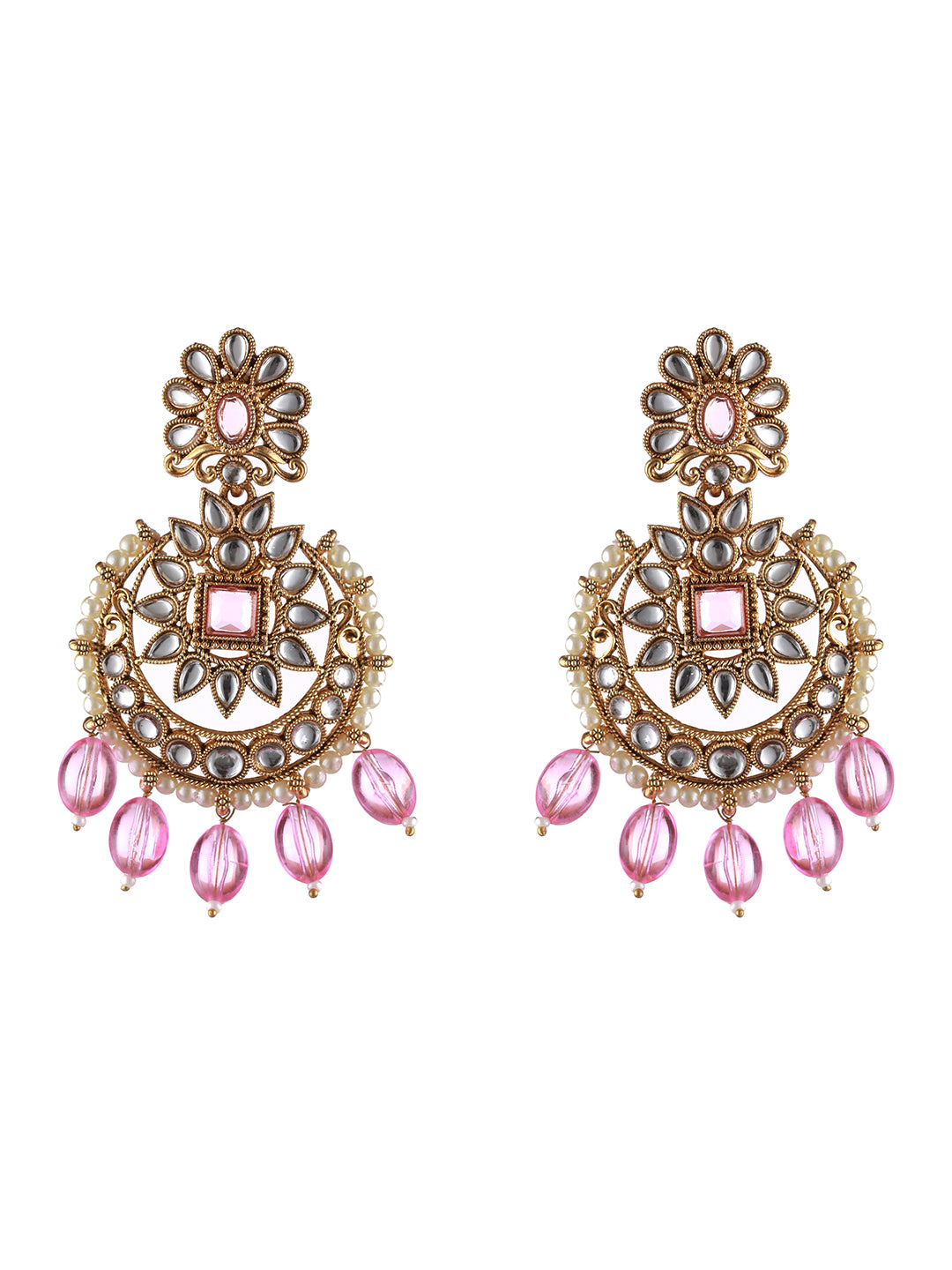 Gold-Plated Pink & White Kundan Studded & Pearl Beaded Choker Jewellery Set with Maangtikka - Jazzandsizzle