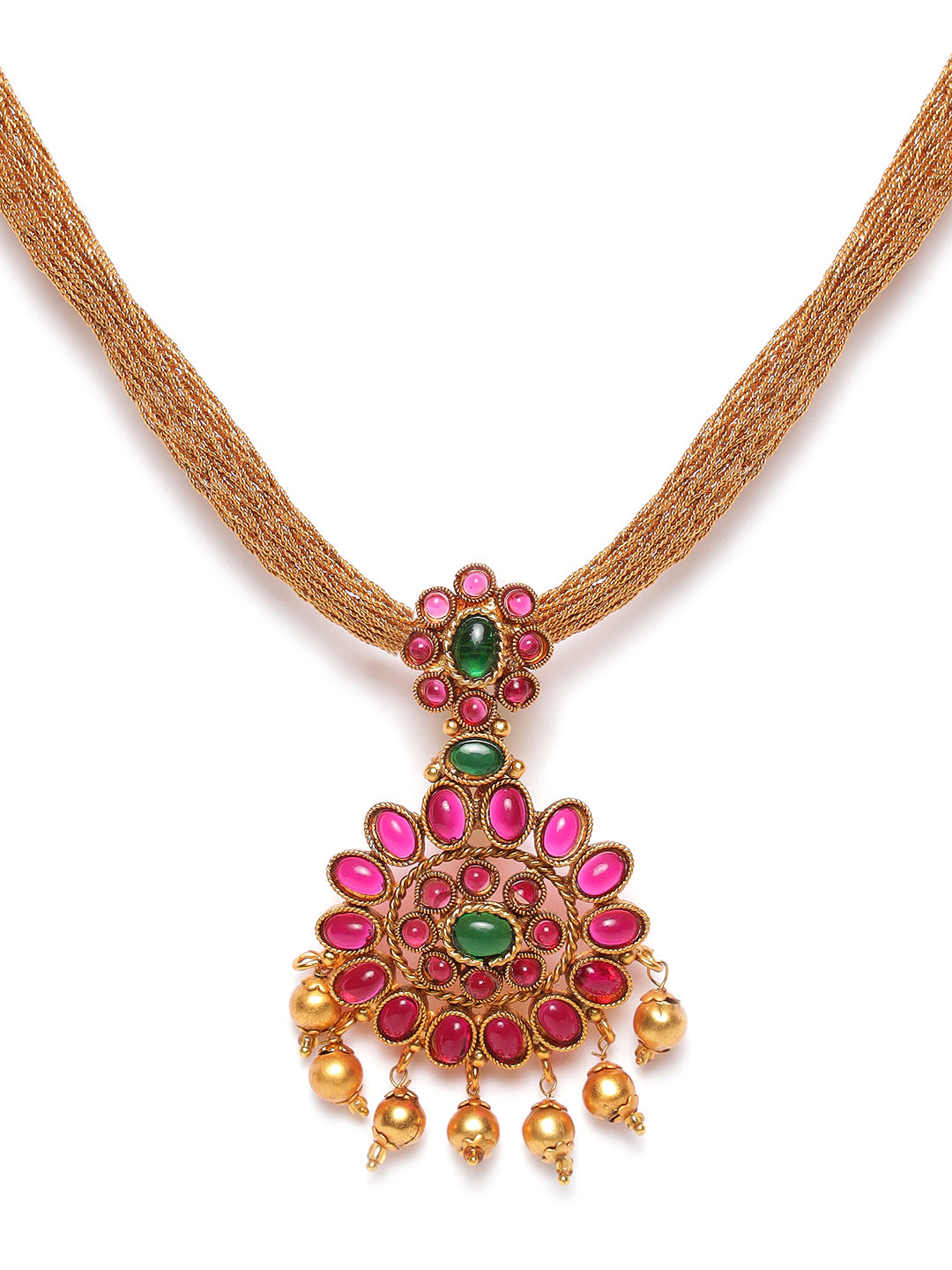 Gold-Plated Pink & Green Stone-Studded & Beaded Handcrafted Jewellery Set - Jazzandsizzle