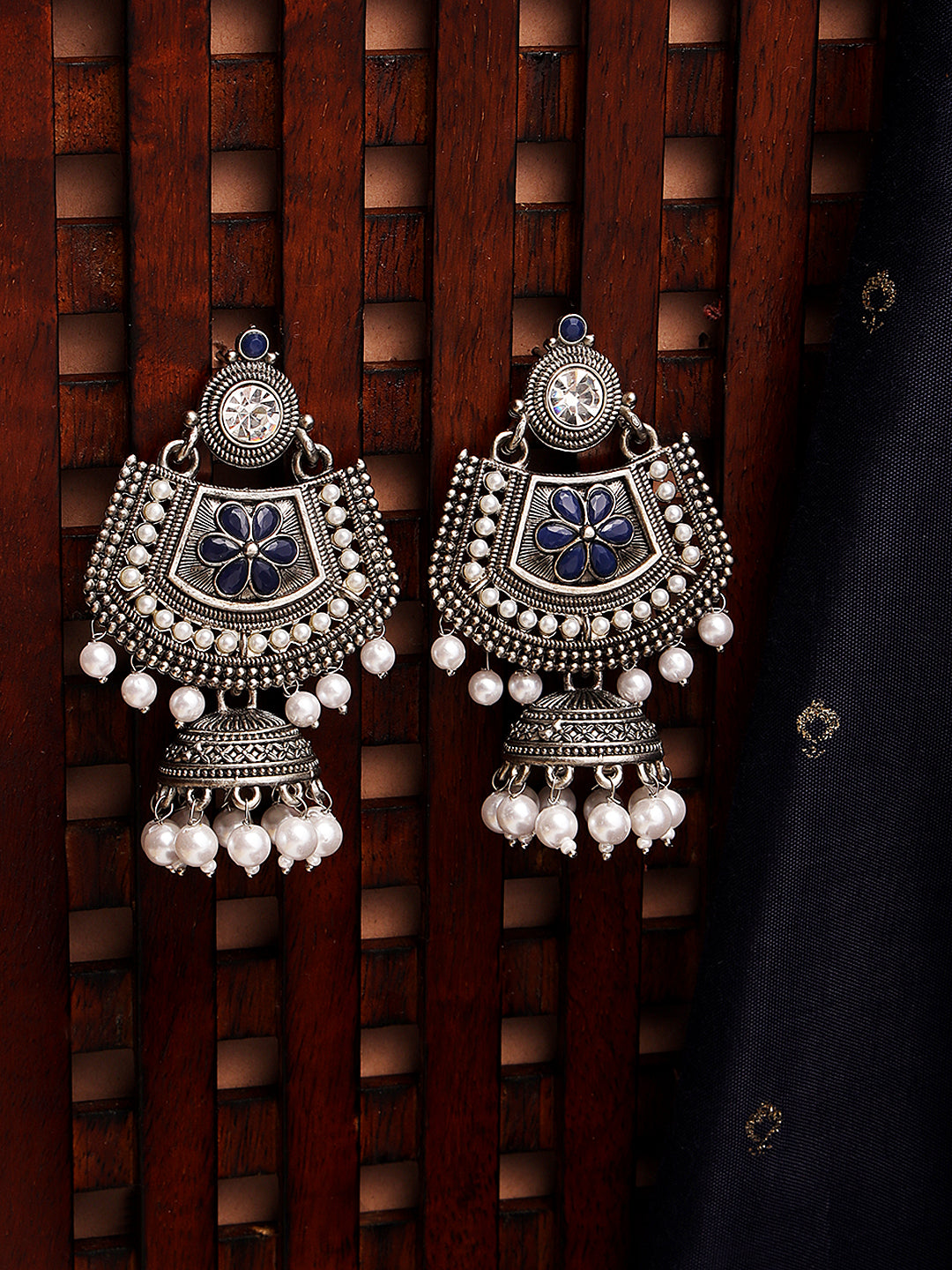 Blue Kundan & White Pearl Beaded Floral Ethnic Jhumka Drop Earrings - Jazzandsizzle