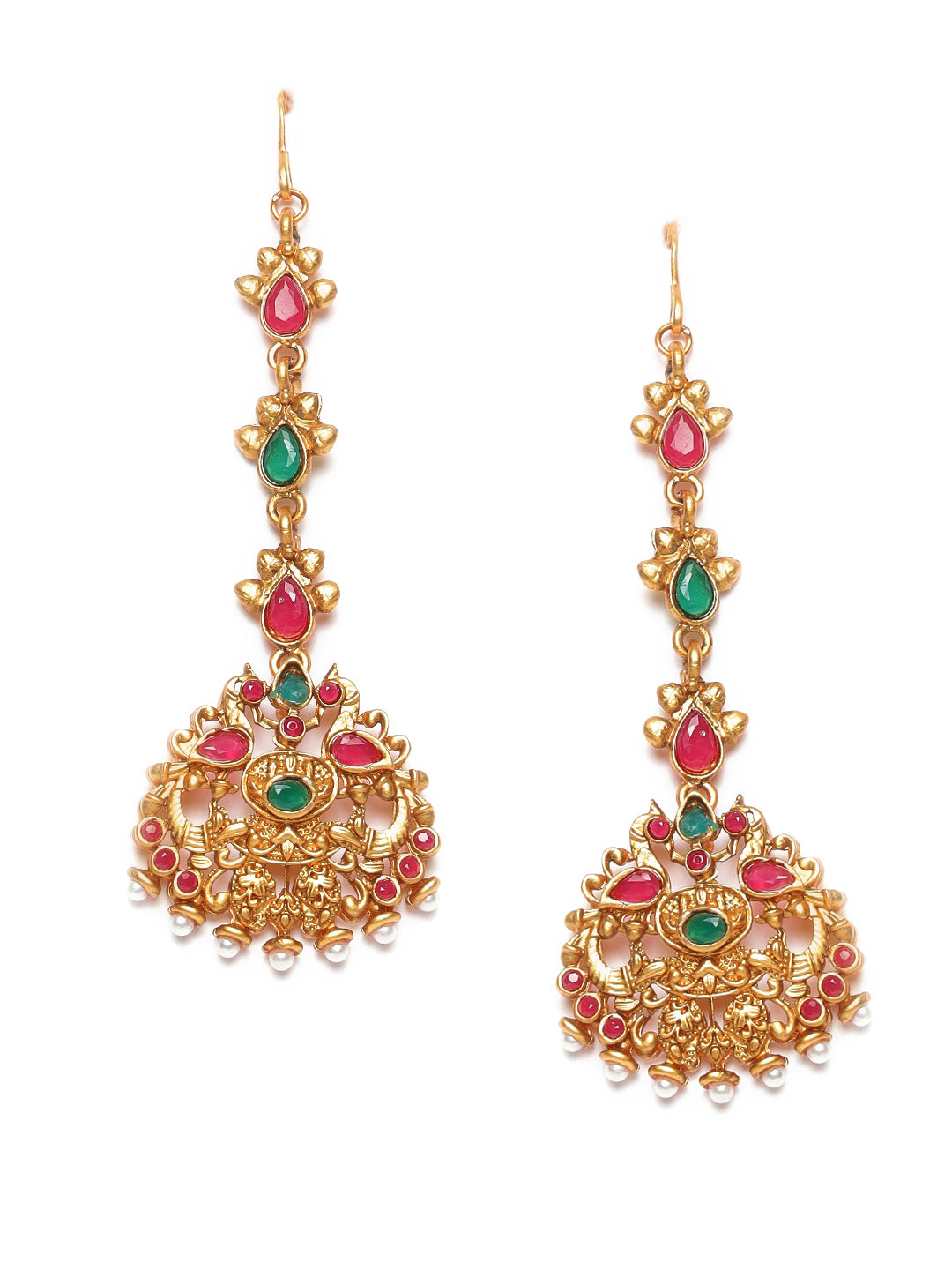 Gold Plated Red & Green stone Studded Peacock Maangtikka - Jazzandsizzle