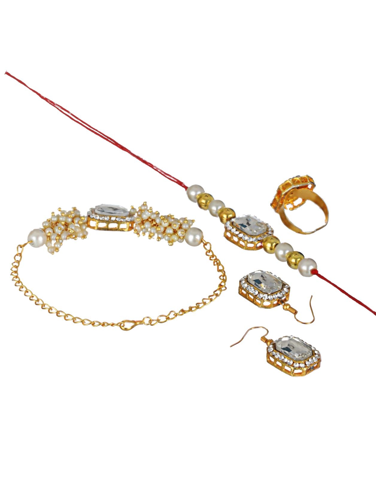Set of 2 Kundan Studded & Pearls Bhaiya Bhabhi Rakhi with Earrings & Adjustable Ring - Jazzandsizzle