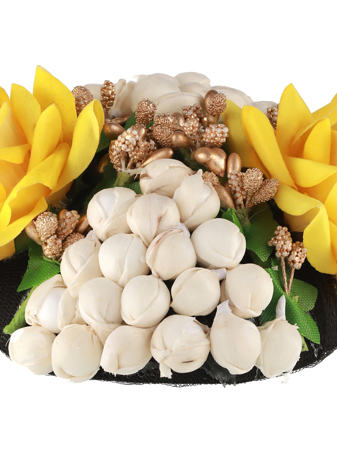 Women Yellow Rose & White Mogra Embellished Artificial Flower Gajra Designed Hair Bun Cover - Jazzandsizzle