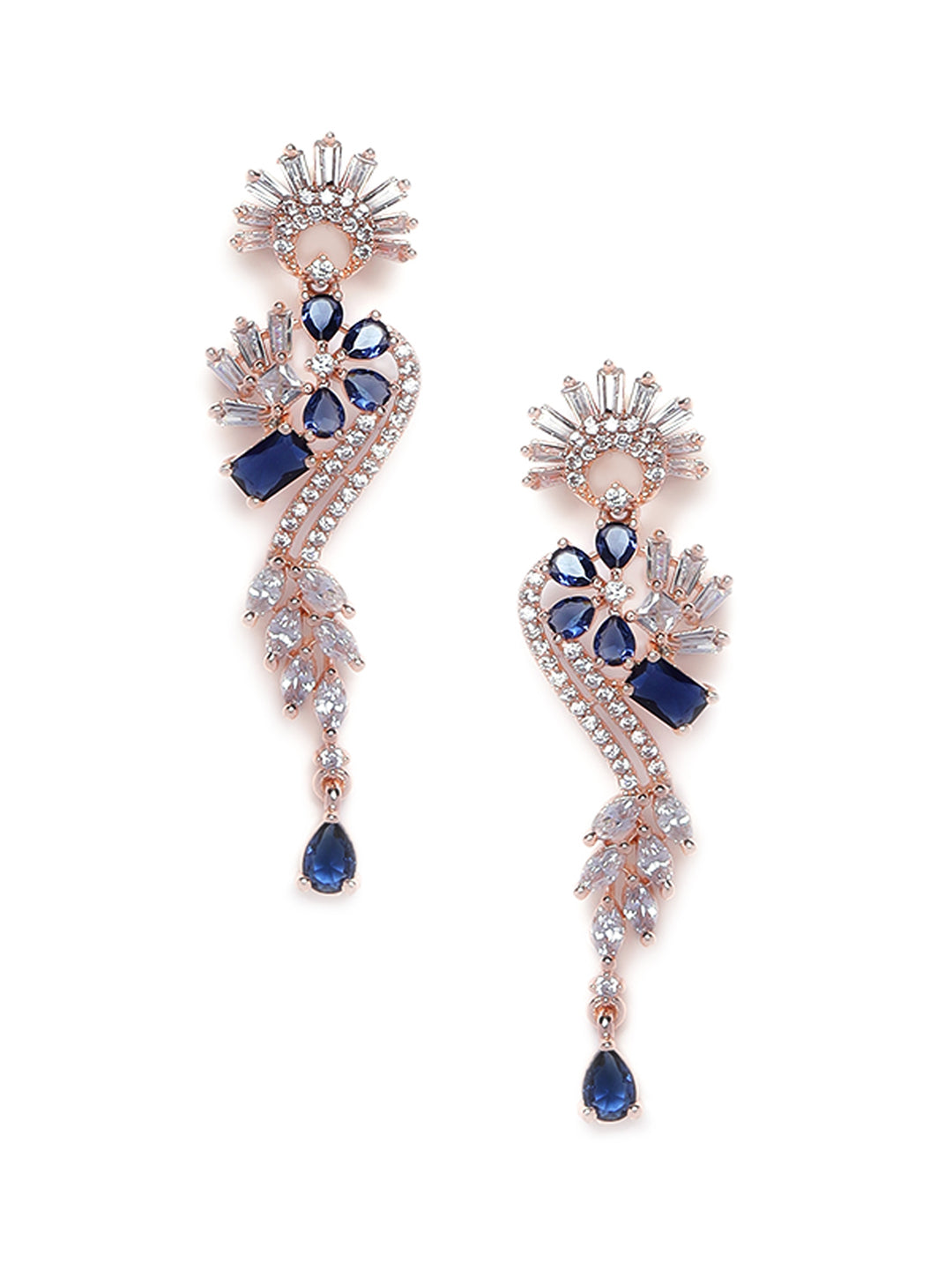 Rose Gold & Blue American Diamond Studded Floral Drop Earrings - Jazzandsizzle