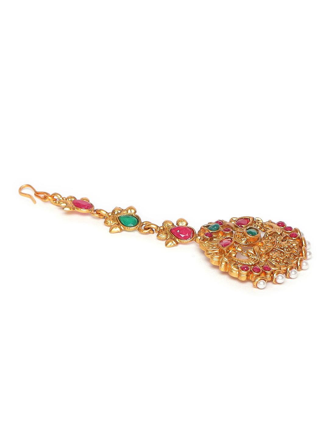 Gold Plated Red & Green stone Studded Peacock Maangtikka - Jazzandsizzle