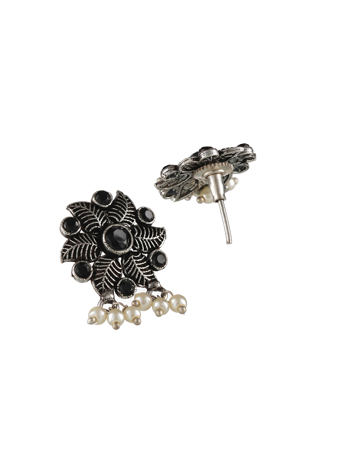 Oxidised Silver-Tone Black Stone Studded & Pearl Beaded Floral Jewellery Set - Jazzandsizzle