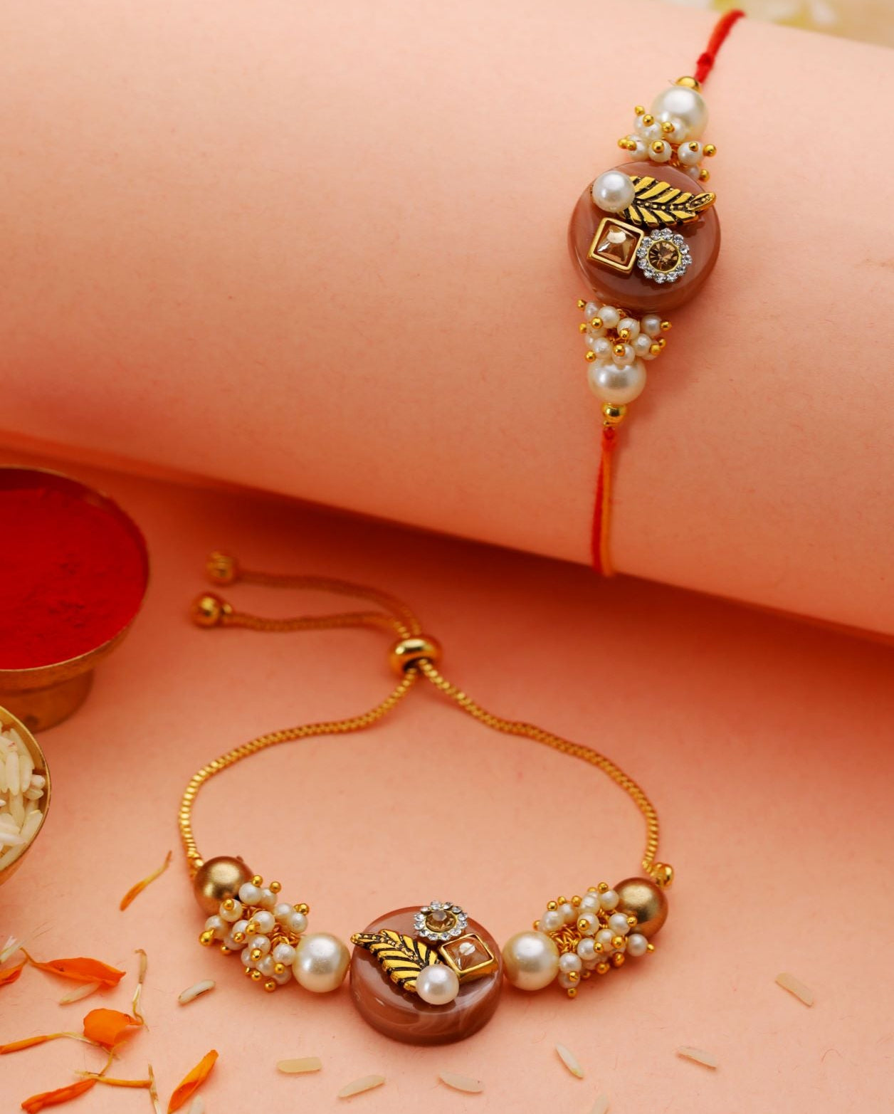 Jazz And Sizzle Set Of 2 Stone & Pearl Beaded Ethnic Bhaiya & Bhabhi Rakhi