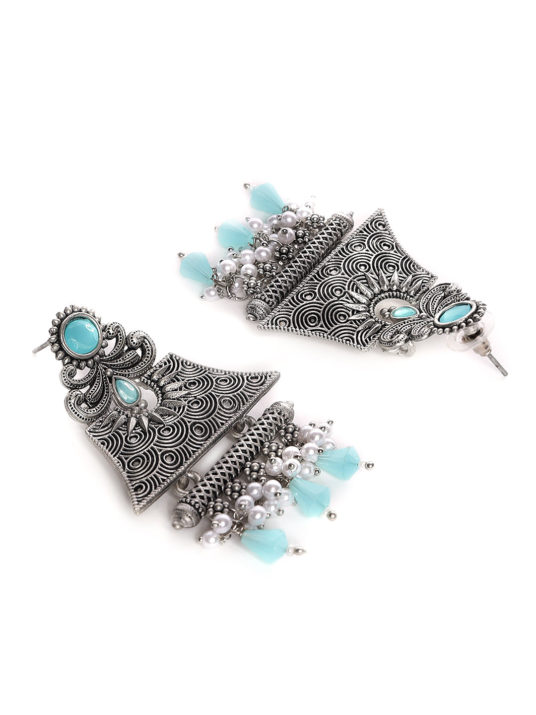 Silver-Toned & Turquoise Blue Dome Shaped Drop Earrings - Jazzandsizzle