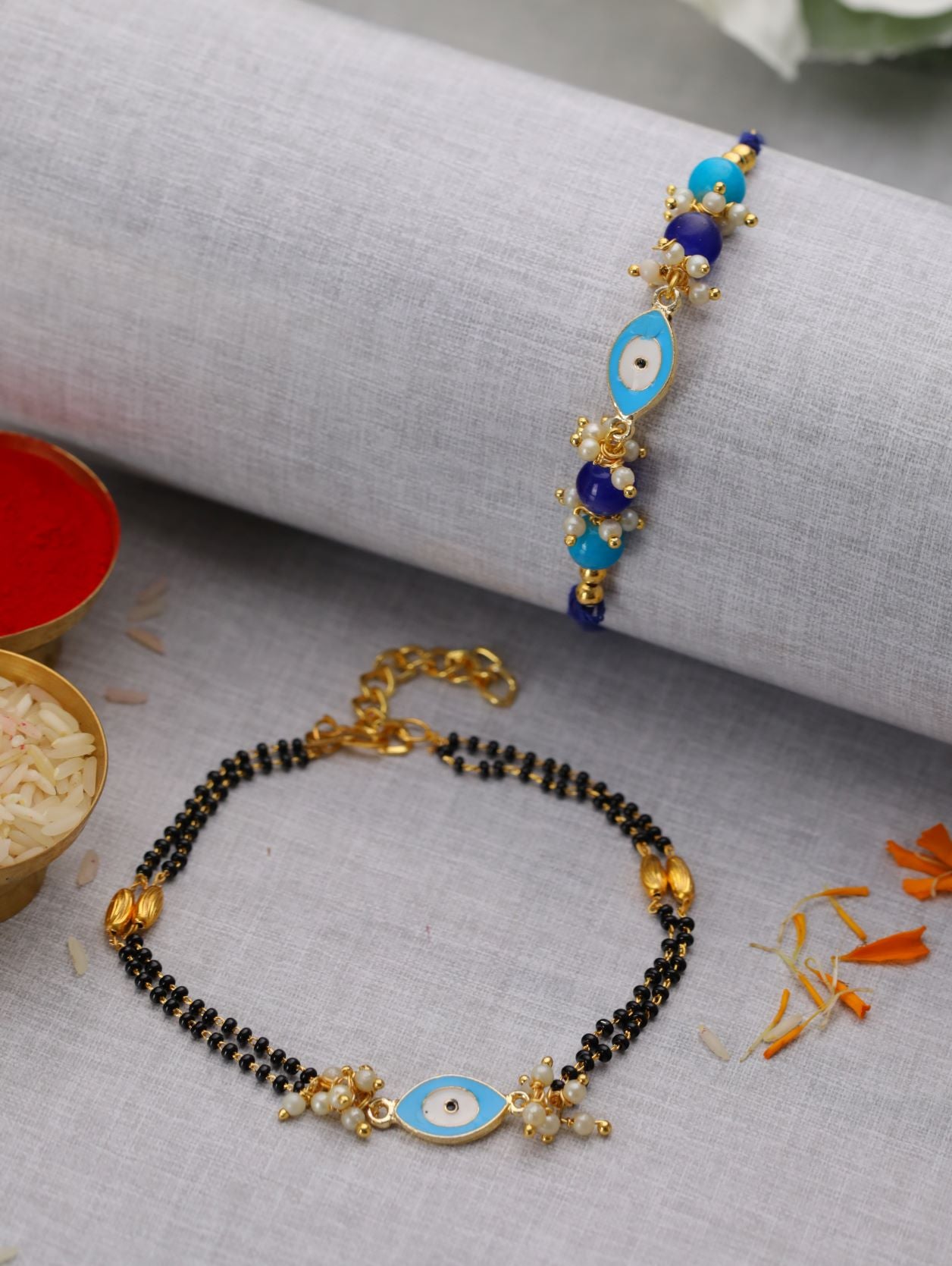 Set of 2 Round Shaped Blue Evil Eye Bhaiya Bhabhi Rakhi - Jazzandsizzle