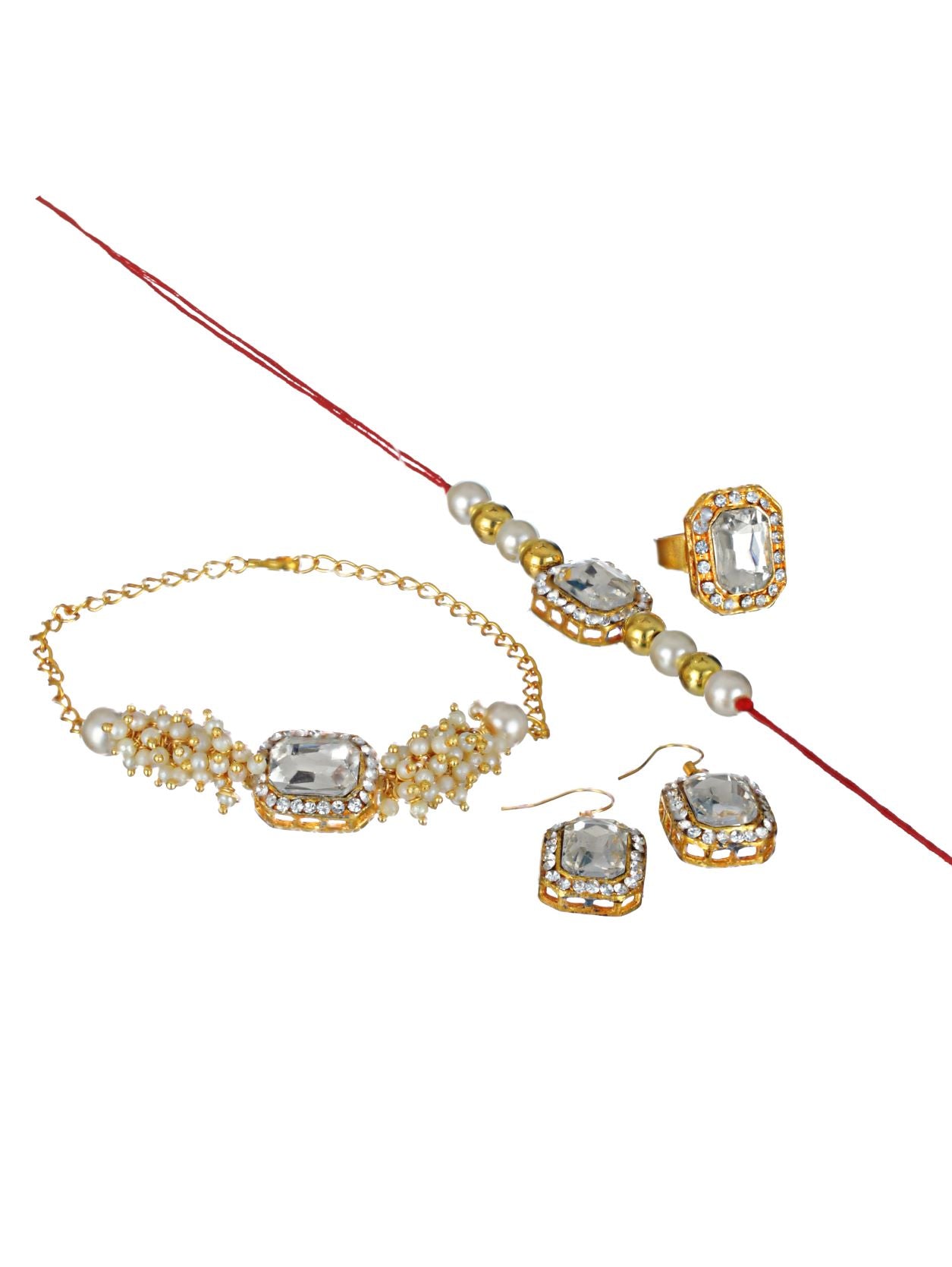 Set of 2 Kundan Studded & Pearls Bhaiya Bhabhi Rakhi with Earrings & Adjustable Ring - Jazzandsizzle