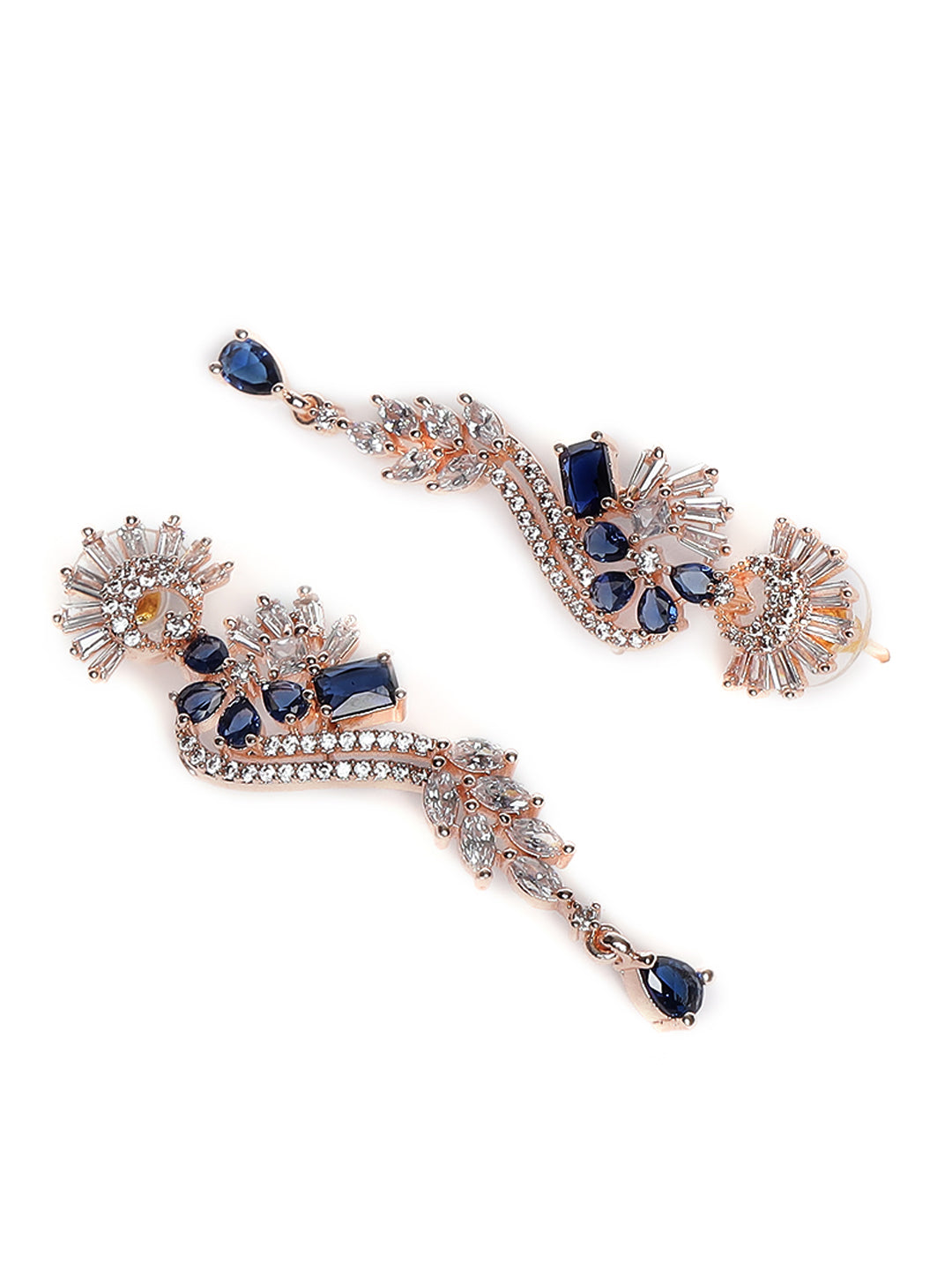 Rose Gold & Blue American Diamond Studded Floral Drop Earrings - Jazzandsizzle