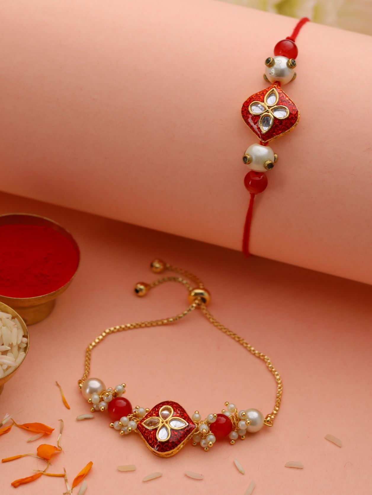 Jazz And Sizzle Set Of 2 Maroon Meenakari & Pearl Bhayia & Bhabhi Rakhi