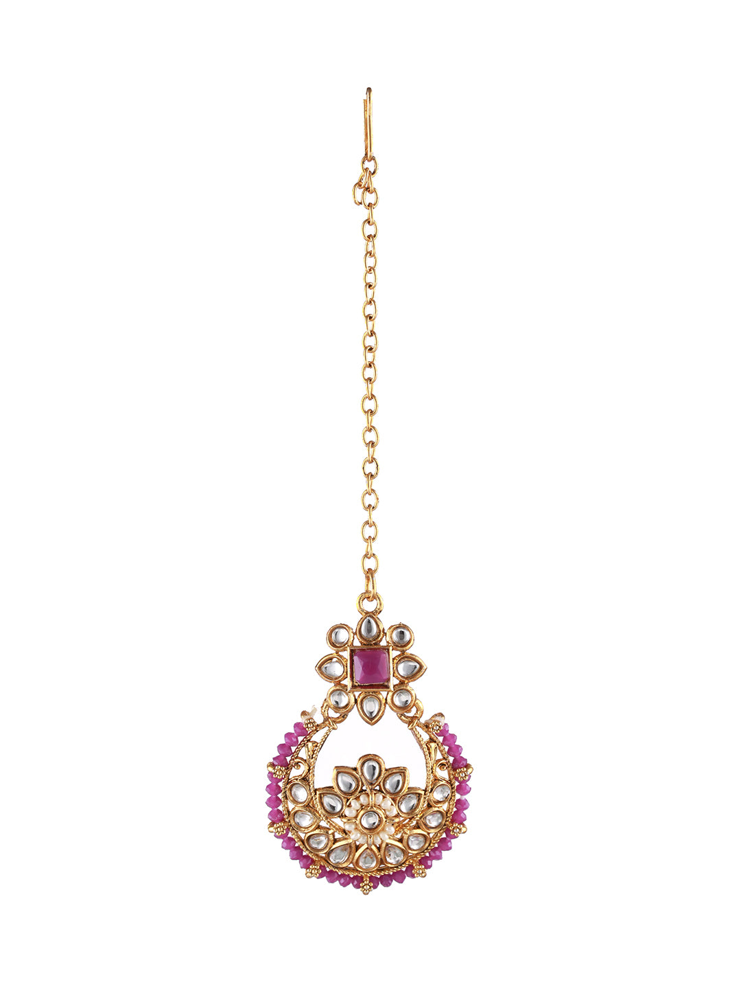 Gold-Plated Wine Kundan Studded & Pearl Beaded Choker Jewellery Set with Maangtikka - Jazzandsizzle