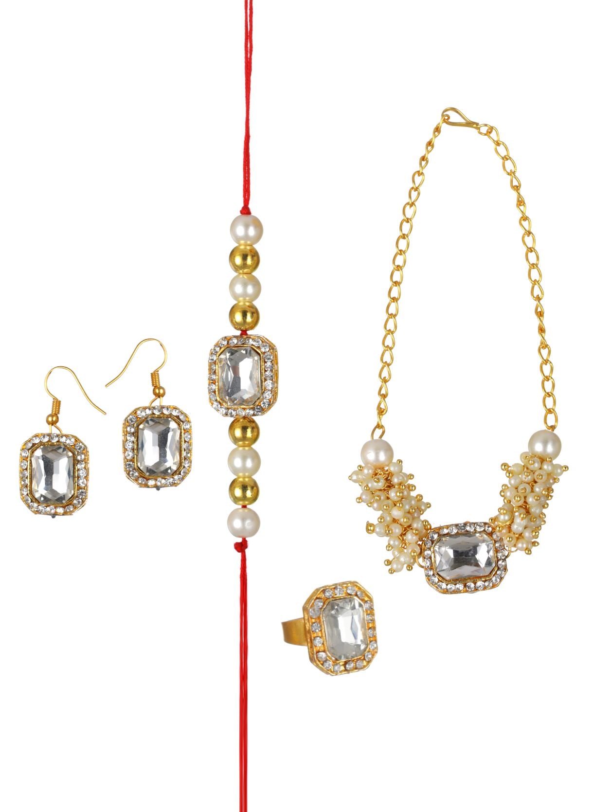 Set of 2 Kundan Studded & Pearls Bhaiya Bhabhi Rakhi with Earrings & Adjustable Ring - Jazzandsizzle
