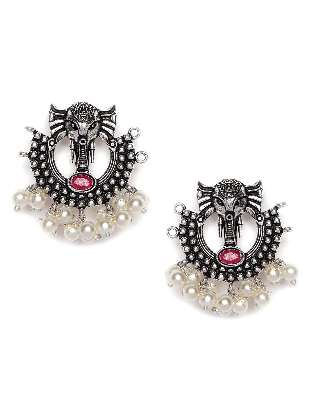 Oxidised Silver-Plated & Green Stone-Studded & Beaded Traditional Jewellery Set - Jazzandsizzle