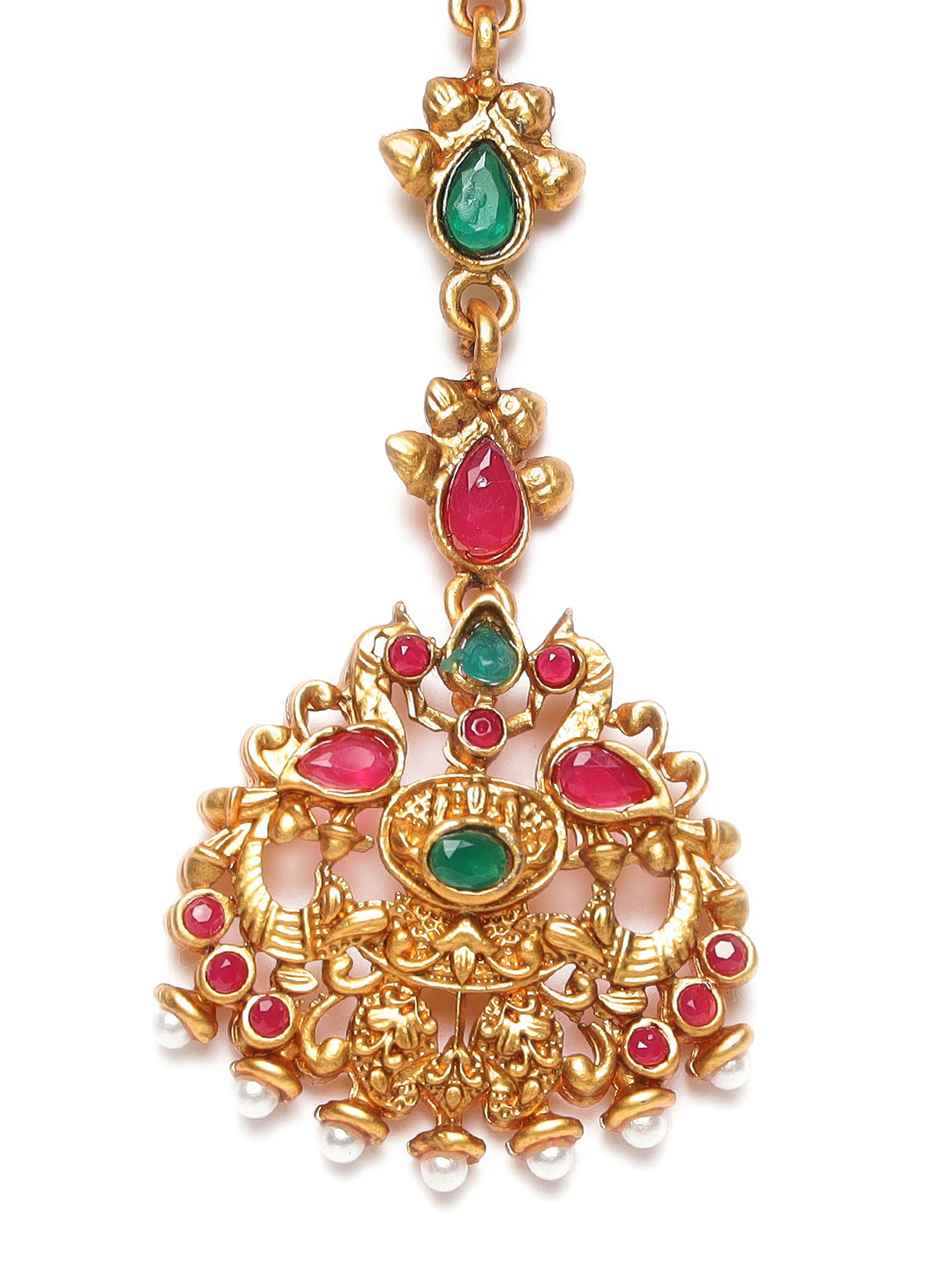 Gold Plated Red & Green stone Studded Peacock Maangtikka - Jazzandsizzle