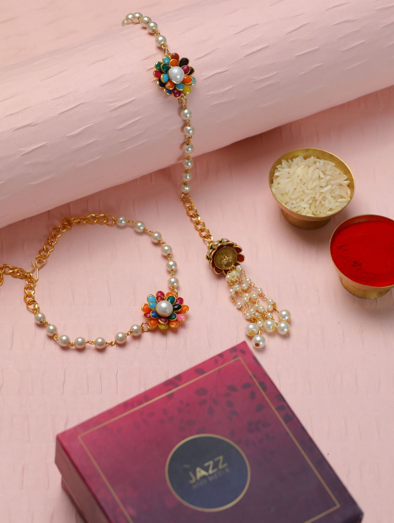 Set of 2 Multicolored & White Pearl Floral Rakhi - Jazzandsizzle
