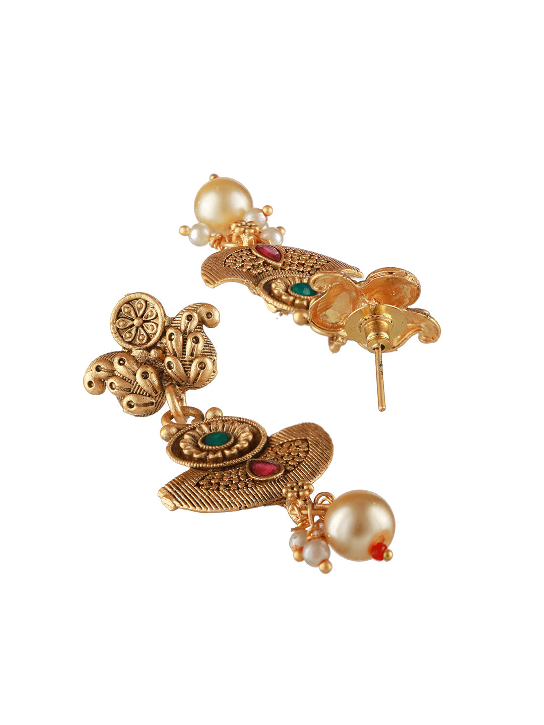 Gold-Plated Red & Green Stone Studded & Pearl Drop Handcrafted Jewellery Set - Jazzandsizzle