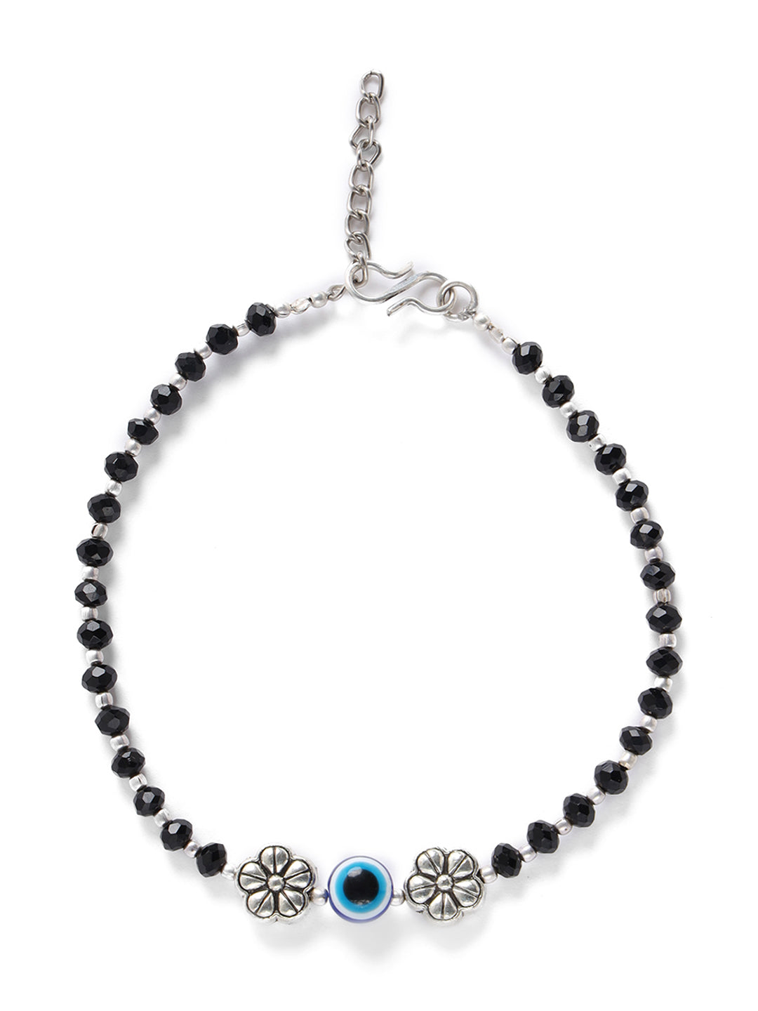 Set of 2 Silver-Plated & Black Beaded Handcrafted Flower Anklet - Jazzandsizzle