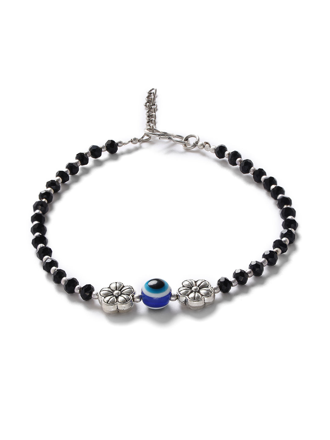 Set of 2 Silver-Plated & Black Beaded Handcrafted Flower Anklet - Jazzandsizzle
