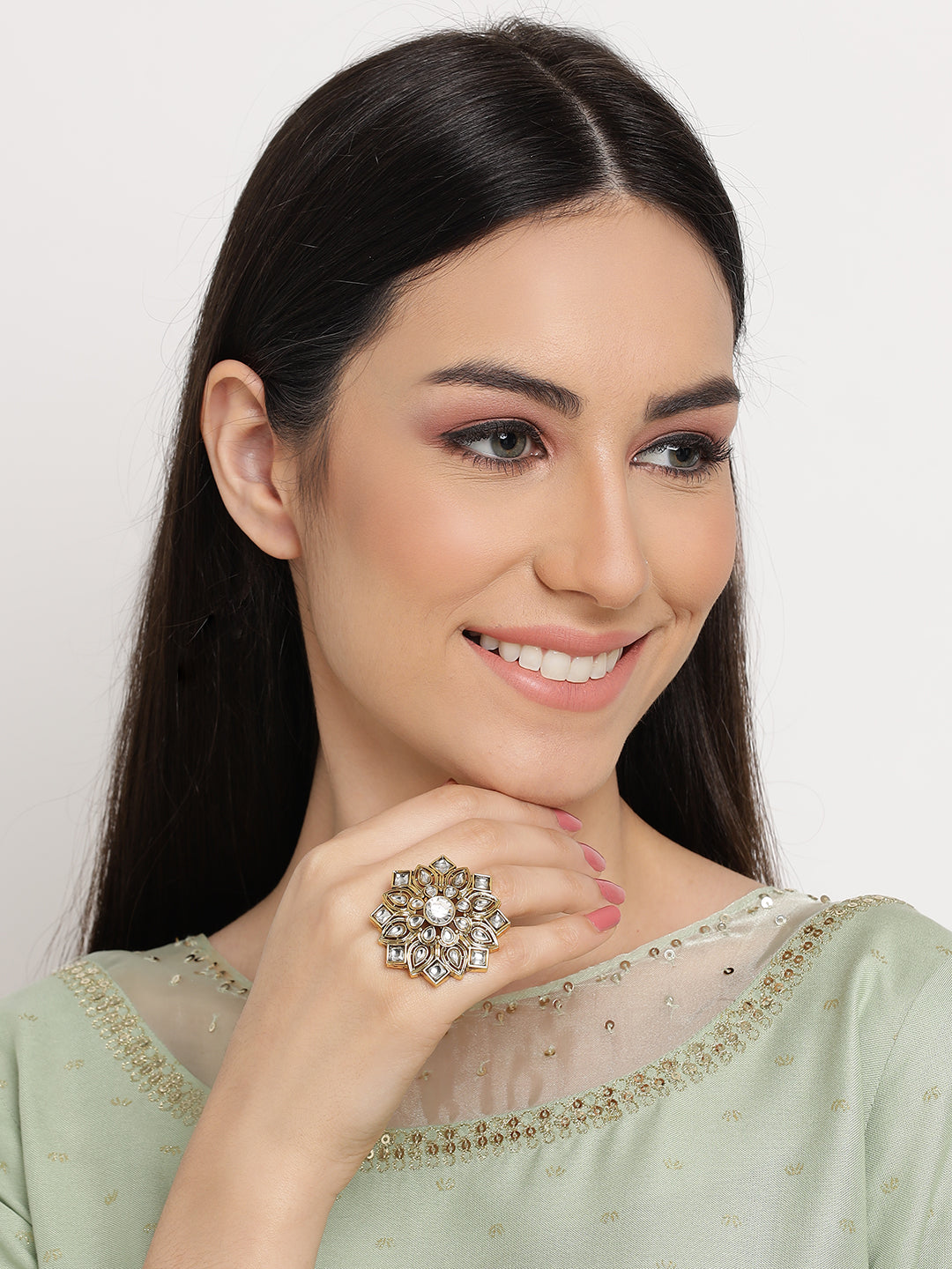 Gold-Plated White Kundan-Studded Adjustable Traditional Finger Ring - Jazzandsizzle