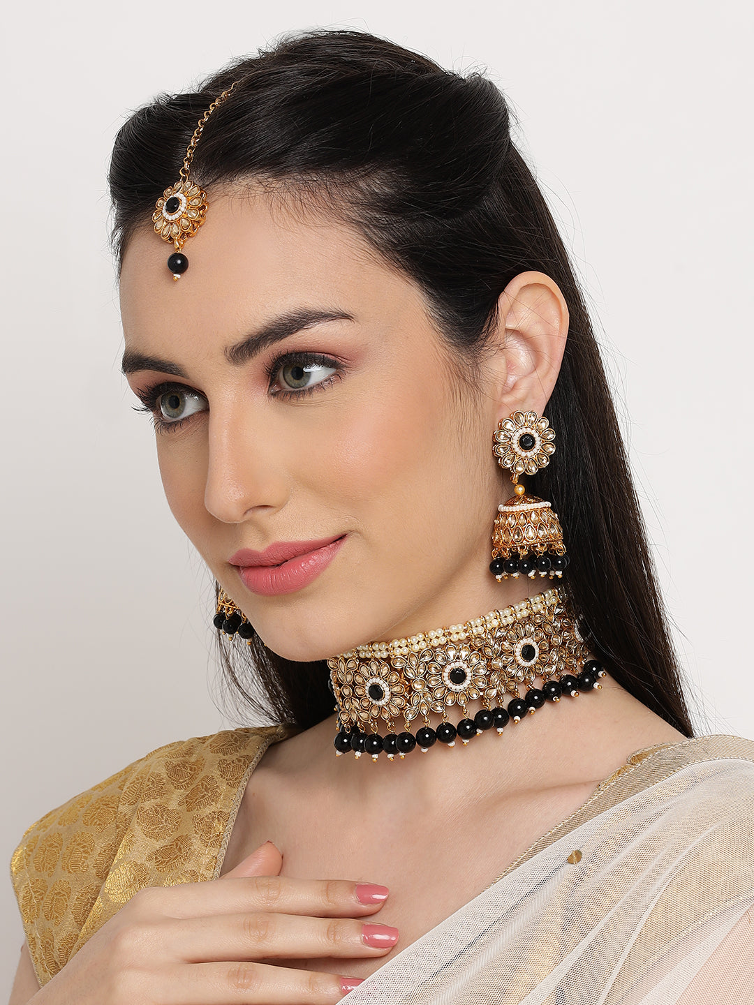 Gold-Plated & Dark Blue Kundan & Beads Studded Traditional Choker Necklace Earring & Maangtikka Set - Jazzandsizzle