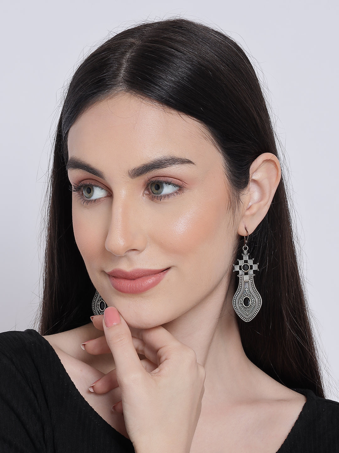 Black Stone Studded & Silver-Toned Contemporary Drop Earrings