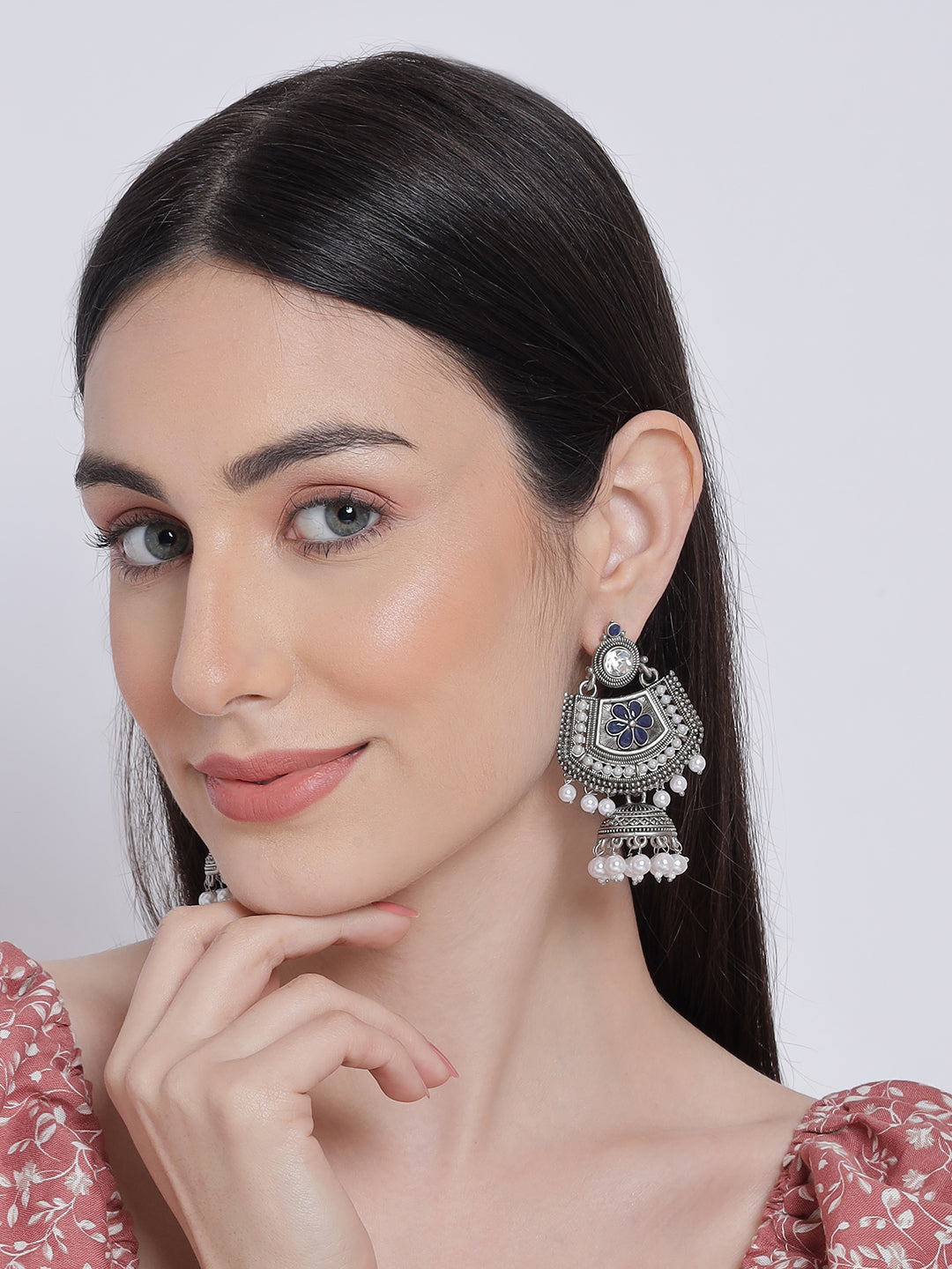 Blue Kundan & White Pearl Beaded Floral Ethnic Jhumka Drop Earrings - Jazzandsizzle