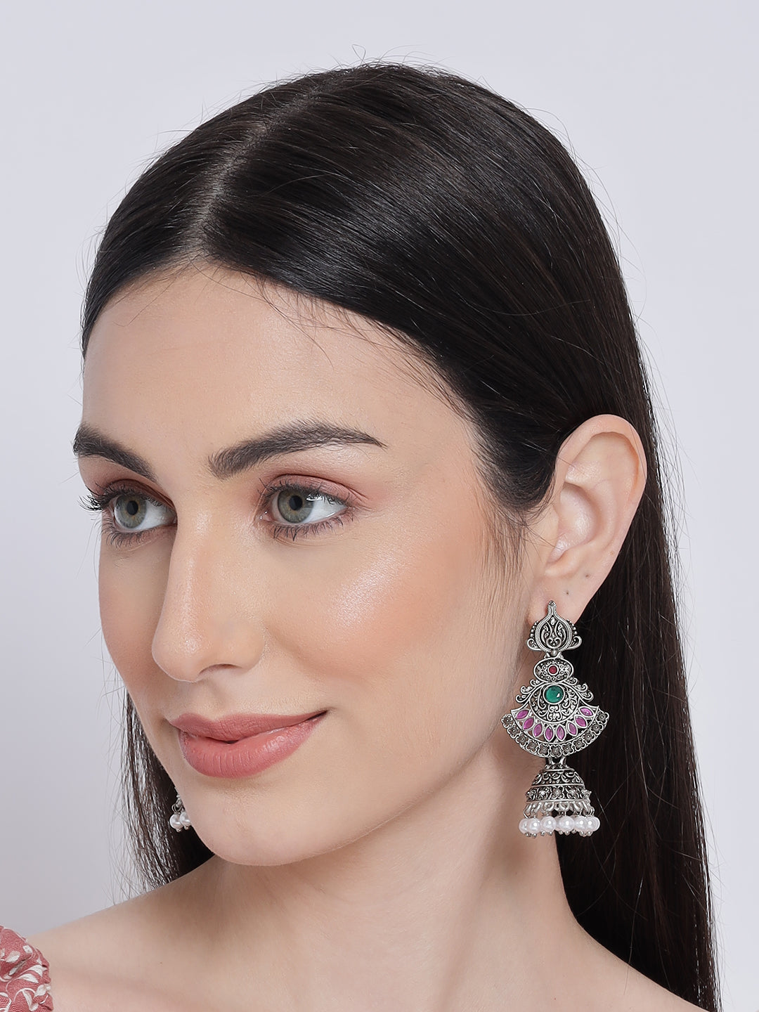 Pink Oxidized Silver-Plated Dome Shaped Jhumkas - Jazzandsizzle