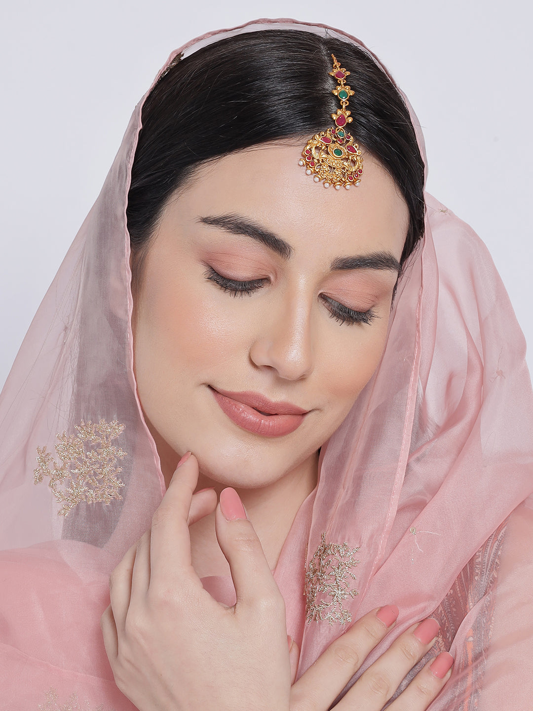 Gold Plated Red & Green stone Studded Peacock Maangtikka - Jazzandsizzle