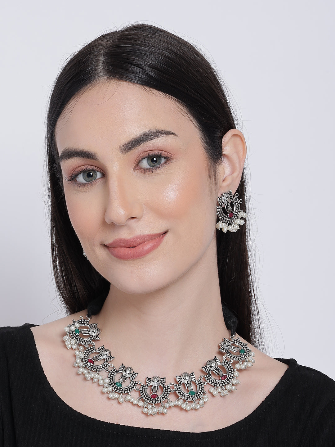 Oxidised Silver-Plated & Green Stone-Studded & Beaded Traditional Jewellery Set - Jazzandsizzle