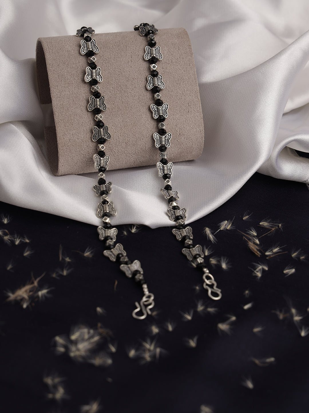 Set of 2 Silver-Plated & Black Beaded Handcrafted Butterfly Anklet - Jazzandsizzle