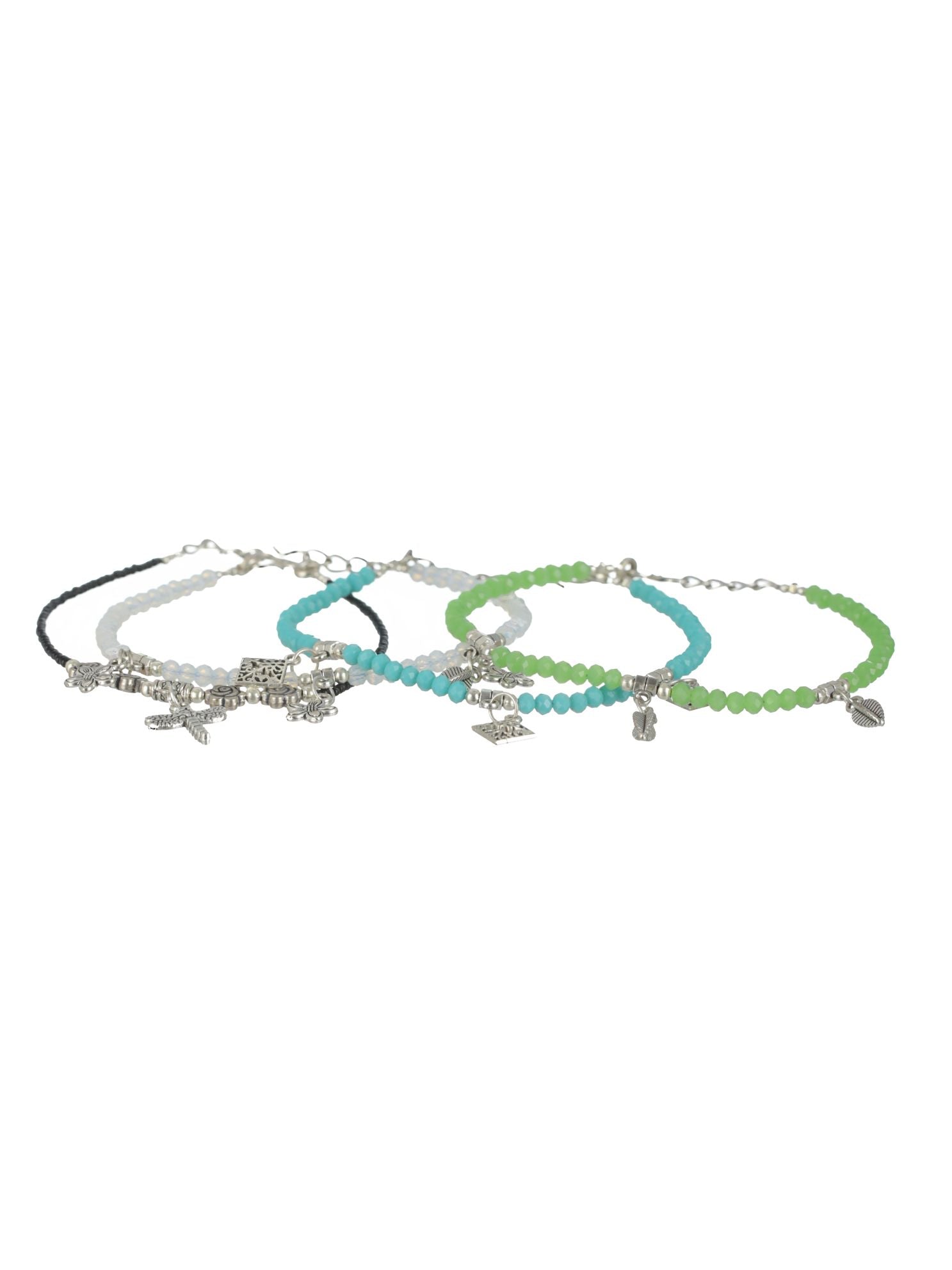 Set of 4 Silver Butterfly, Flower, Square & Shell Charms Beaded Handcrafted Anklets - Jazzandsizzle