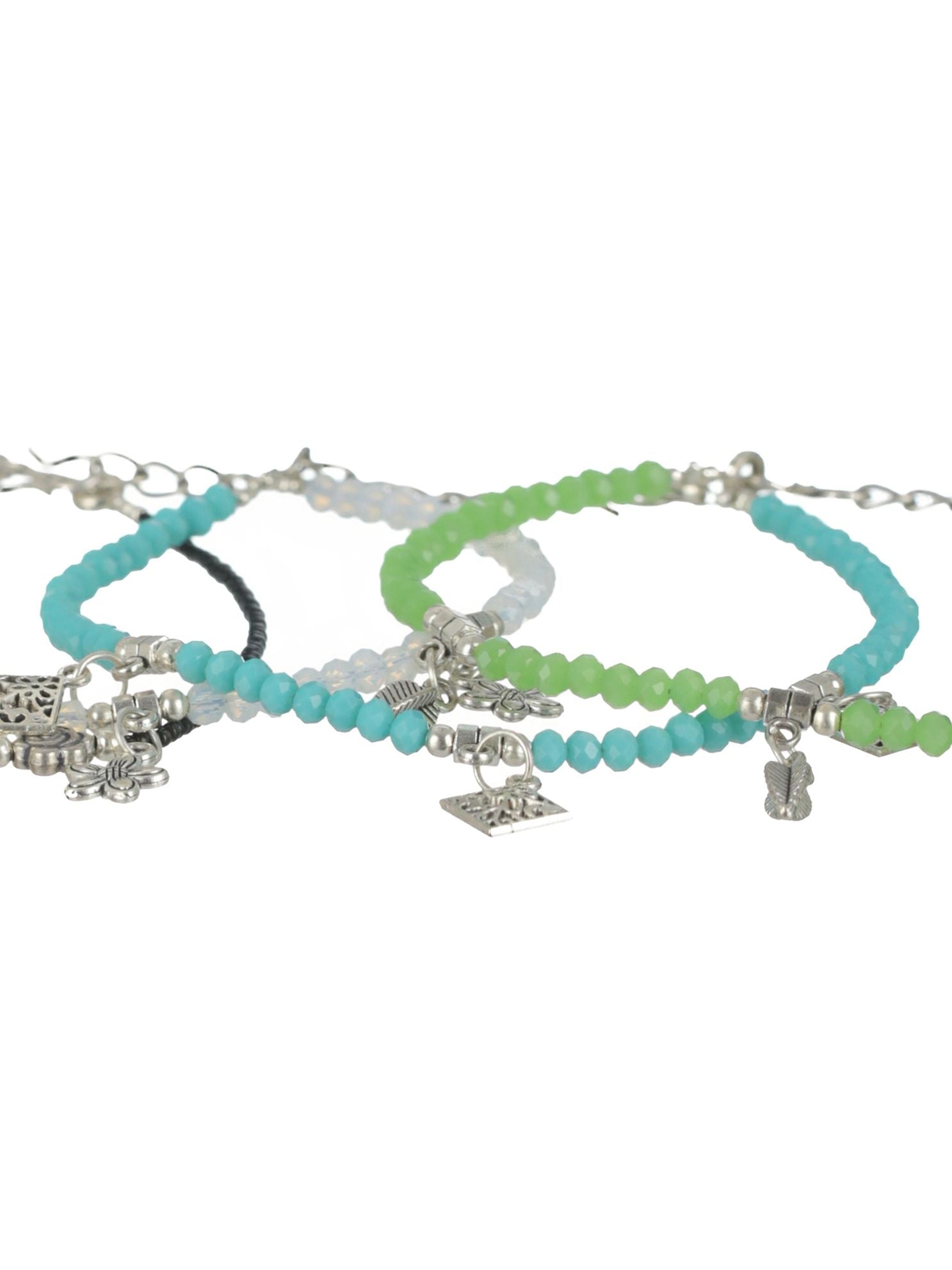 Set of 4 Silver Butterfly, Flower, Square & Shell Charms Beaded Handcrafted Anklets - Jazzandsizzle