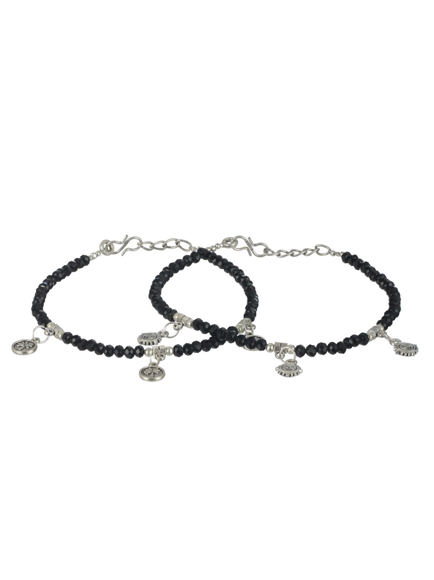 Set of 2 Black & Silver Sun & Tree Charms Beaded Handcrafted Anklets - Jazzandsizzle