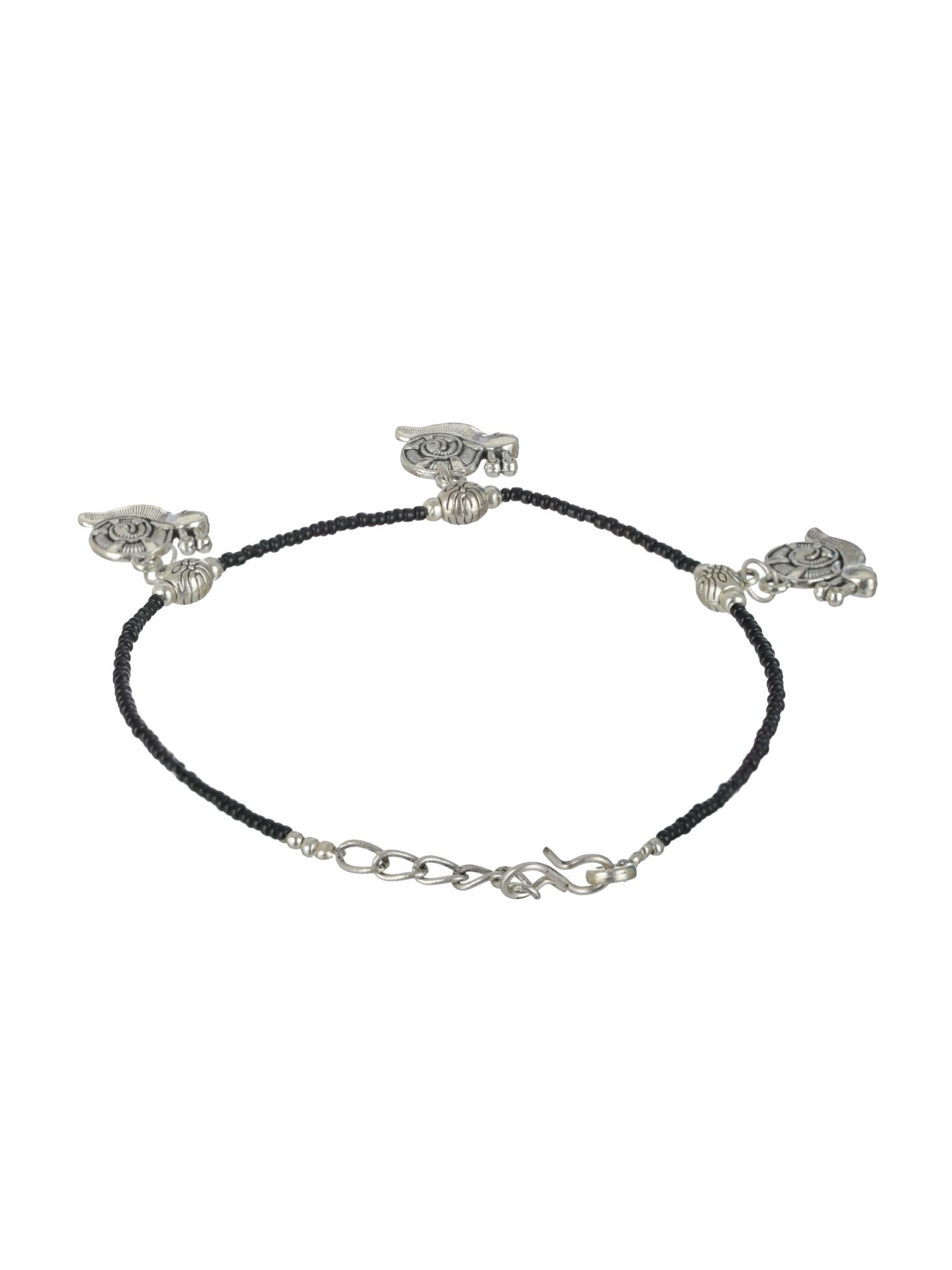 Set of 4 Silver Elephant Flower butterfly, Circle & Cocoon Charms Beaded Handcrafted Anklets - Jazzandsizzle