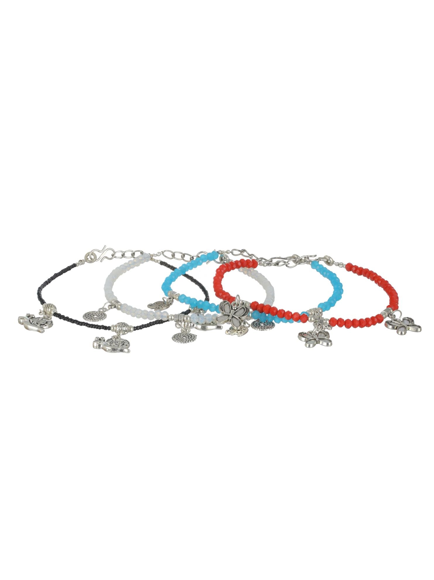 Set of 4 Silver Elephant Flower butterfly, Circle & Cocoon Charms Beaded Handcrafted Anklets - Jazzandsizzle