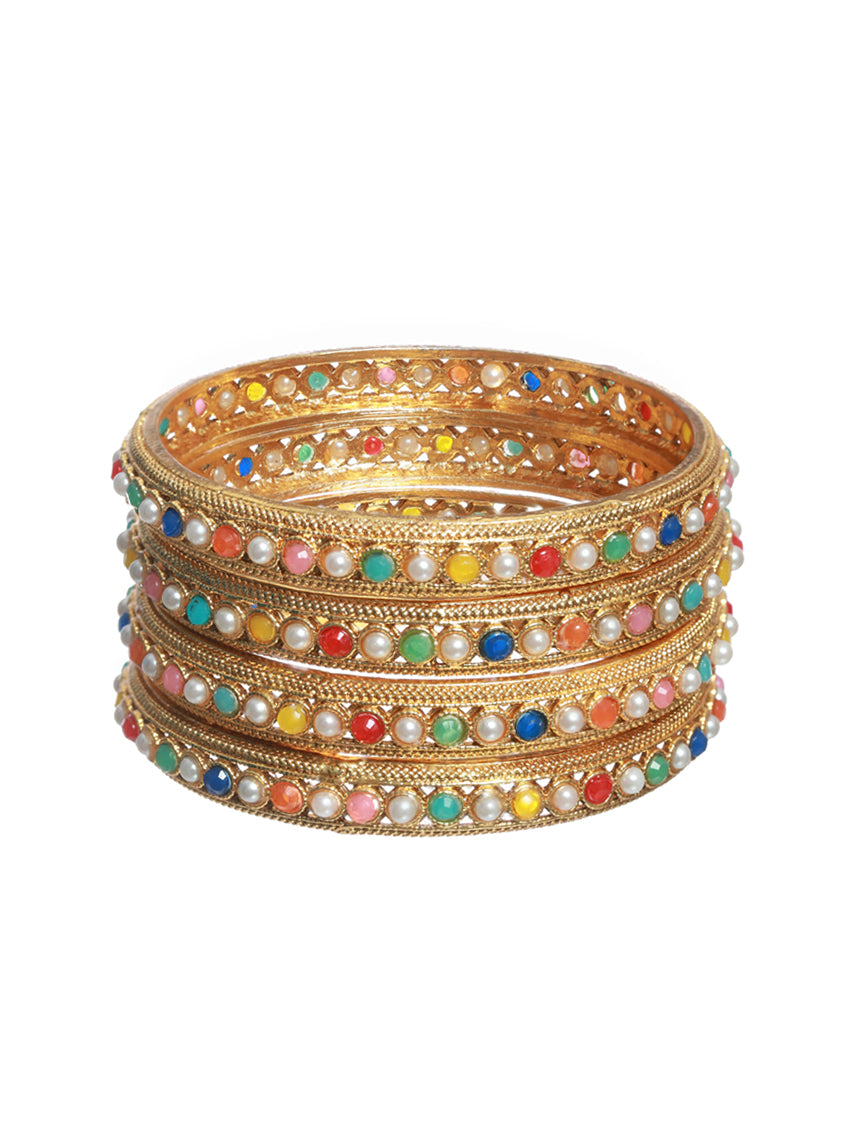 Set of 4 Multi Colored Stones Gold Plated Bangles - Jazzandsizzle